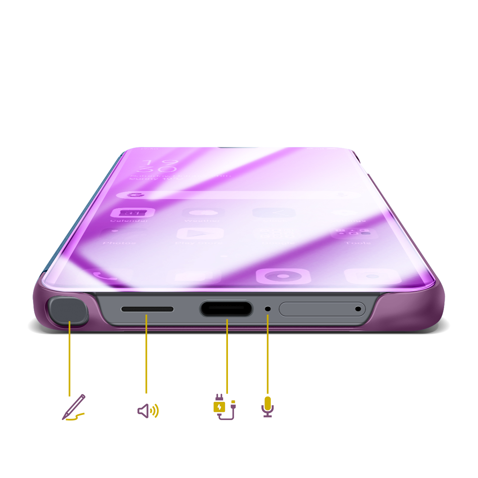 Smartphone avec étui violet montrant les ports latéraux : icônes stylo, volume, charge, micro.