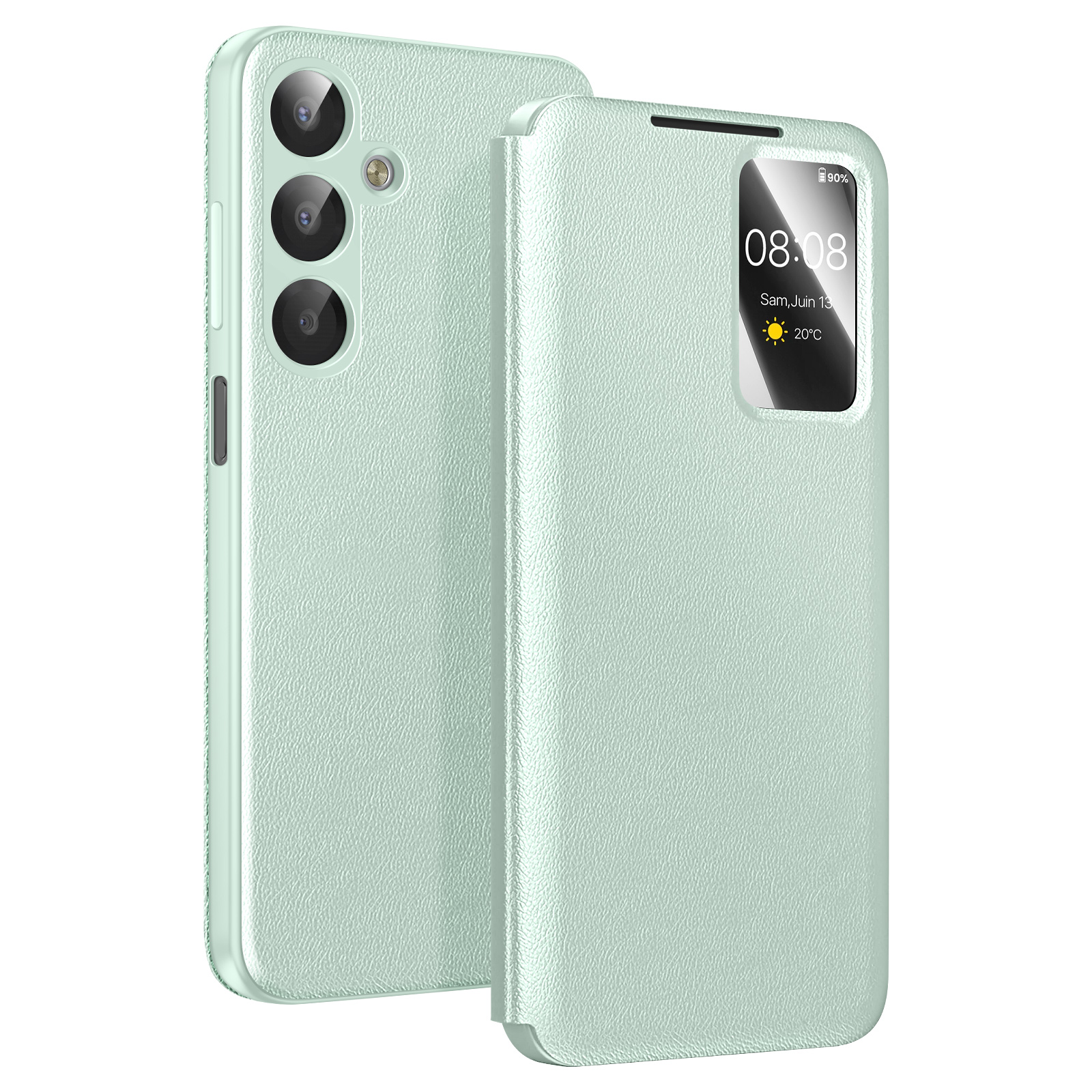 Un telefono verde chiaro con tre fotocamere e una cover a libro che mostra ora e meteo.