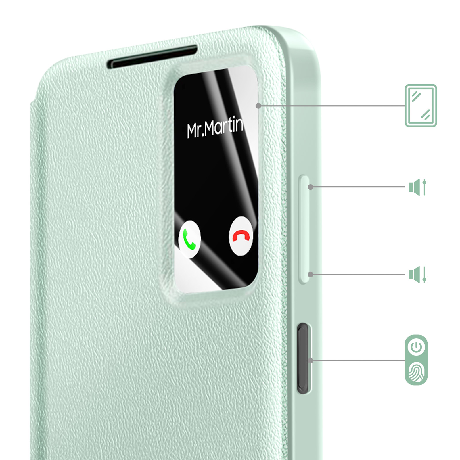 Custodia verde chiaro per telefono con finestra mostra chiamata da Mr. Martin. Tasti volume e accensione.