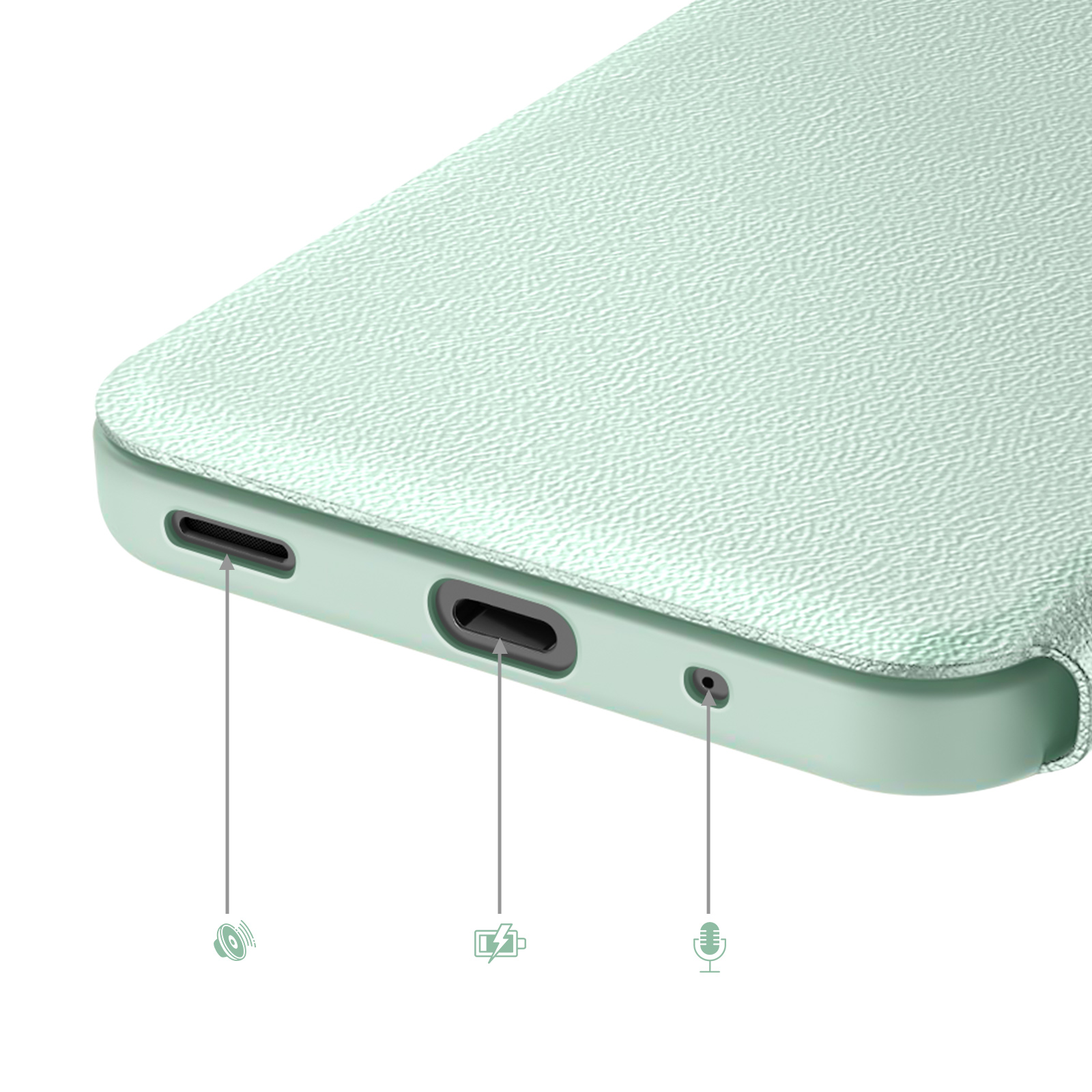 Custodia per telefono verde chiaro con porte di ricarica, microfono e altoparlante.