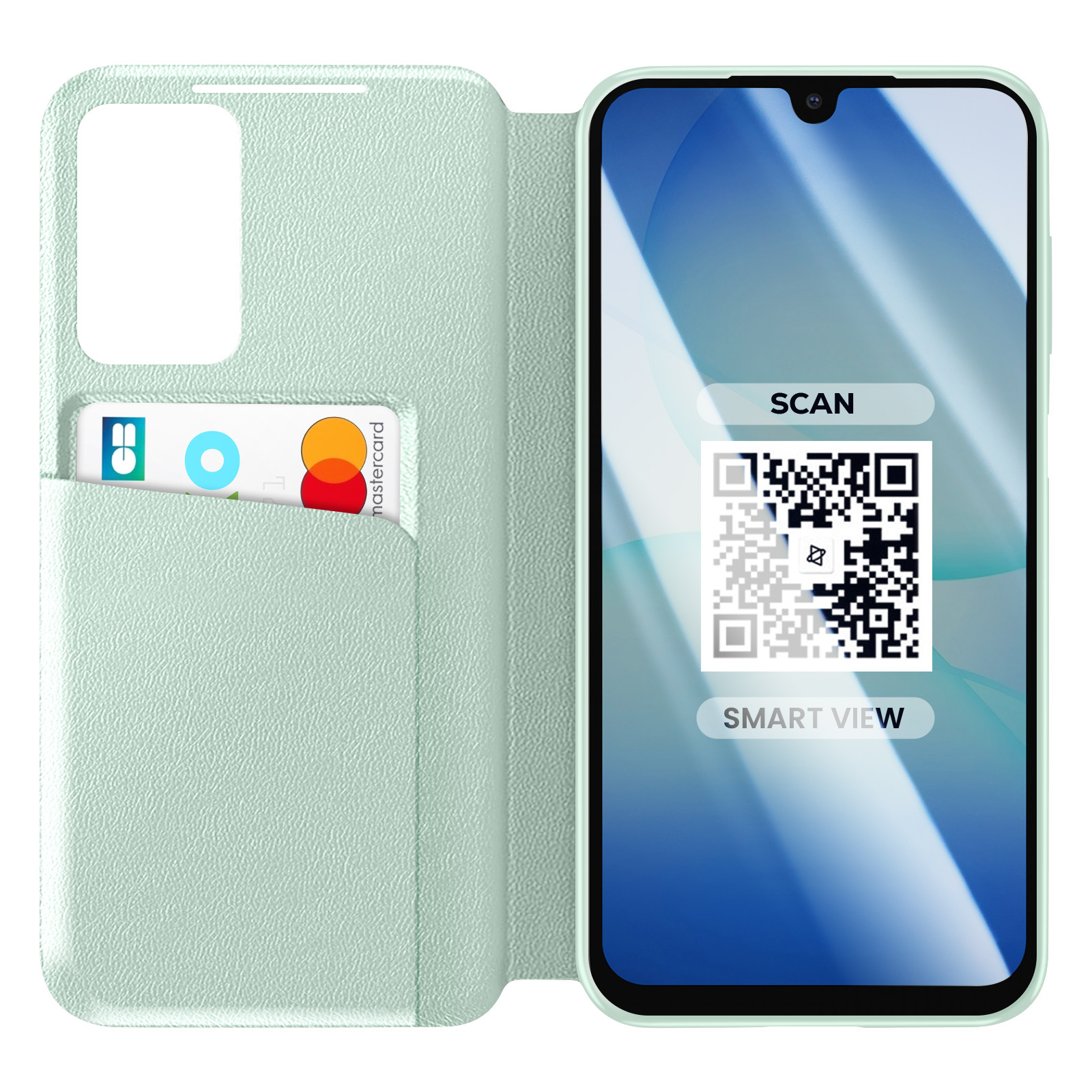 Custodia verde chiaro per telefono con slot per carte e codice QR sullo schermo.