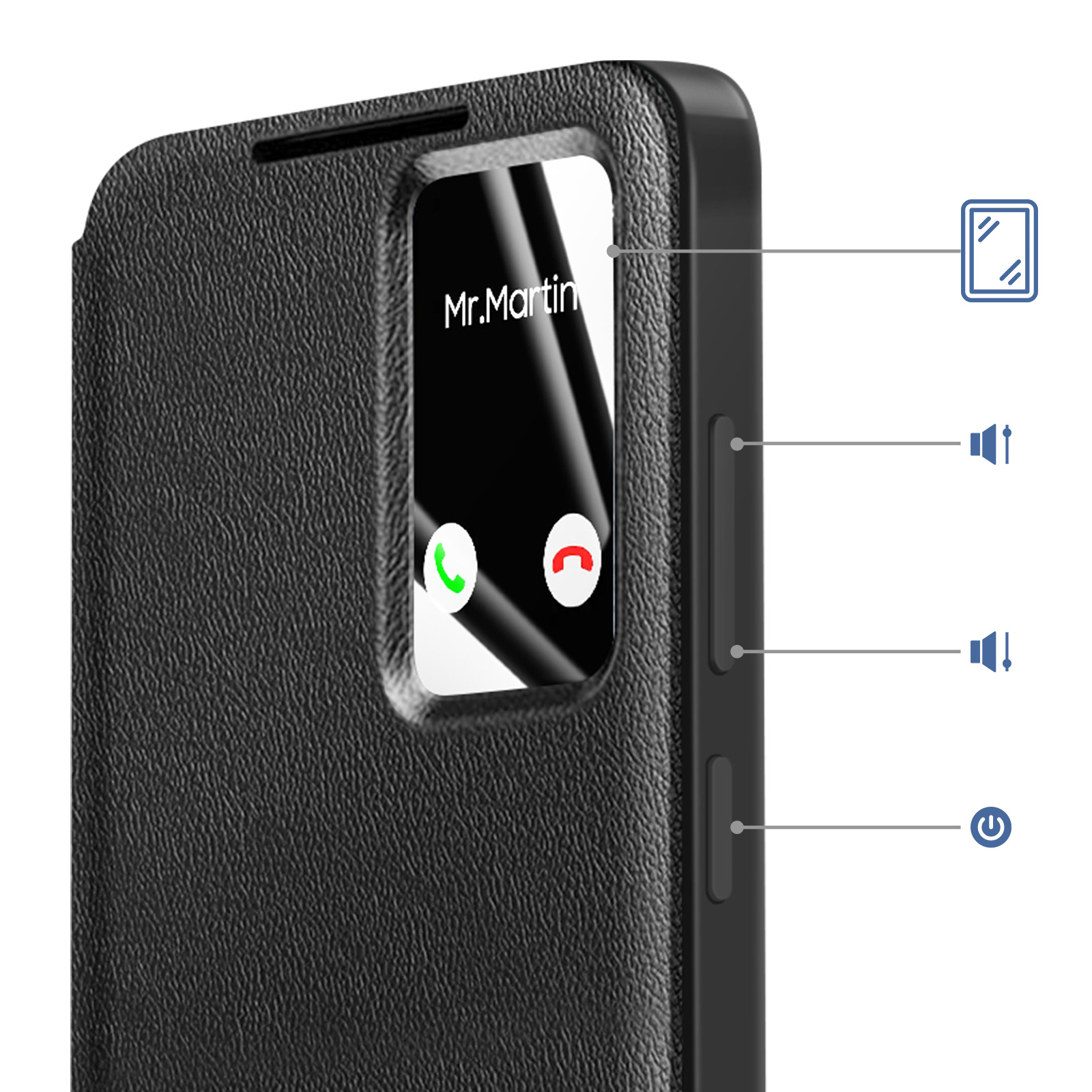Telefono nero con flip cover aperto, mostra chiamata in arrivo da Mr. Martin.