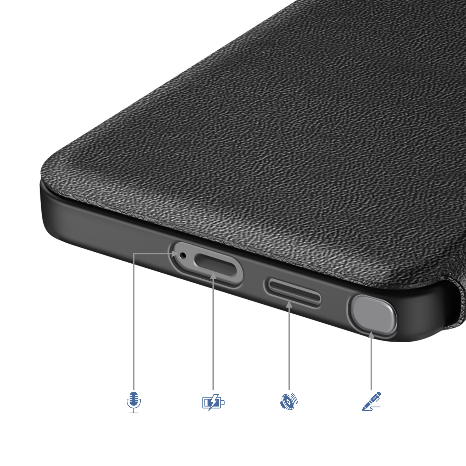 Primo piano di una custodia nera per telefono che mostra porte e icone per microfono, batteria, altoparlante e penna.