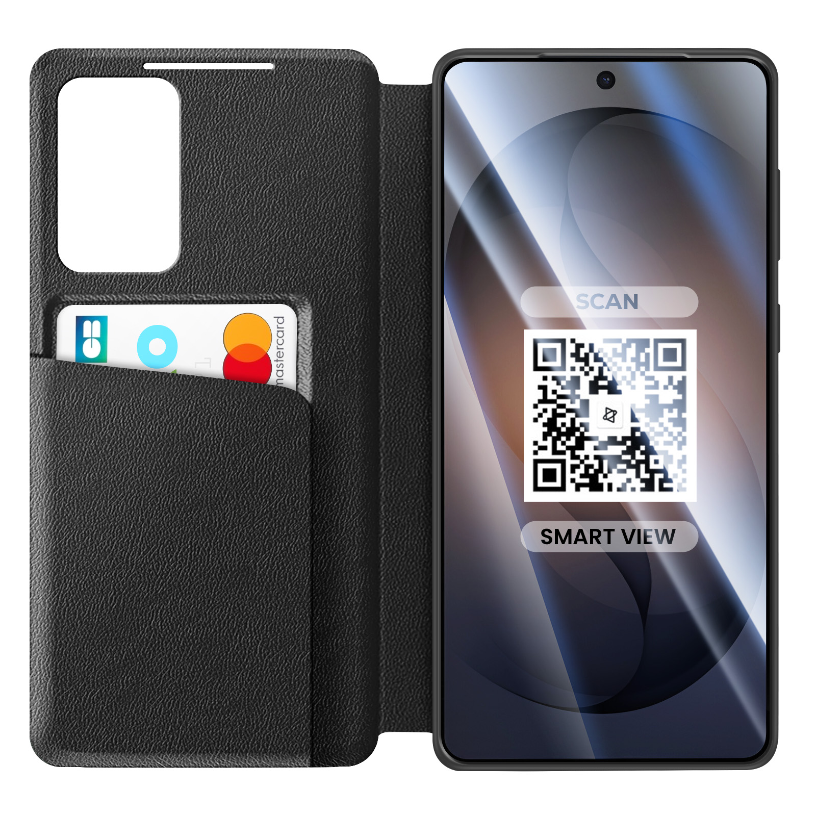 Custodia nera per telefono con porta carte, Mastercard e codice QR sullo schermo.