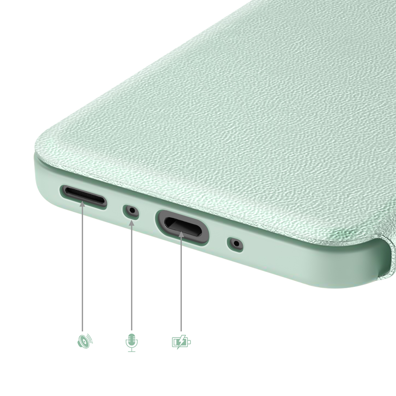 Primo piano del fondo di una custodia verde chiaro con porte e icone.