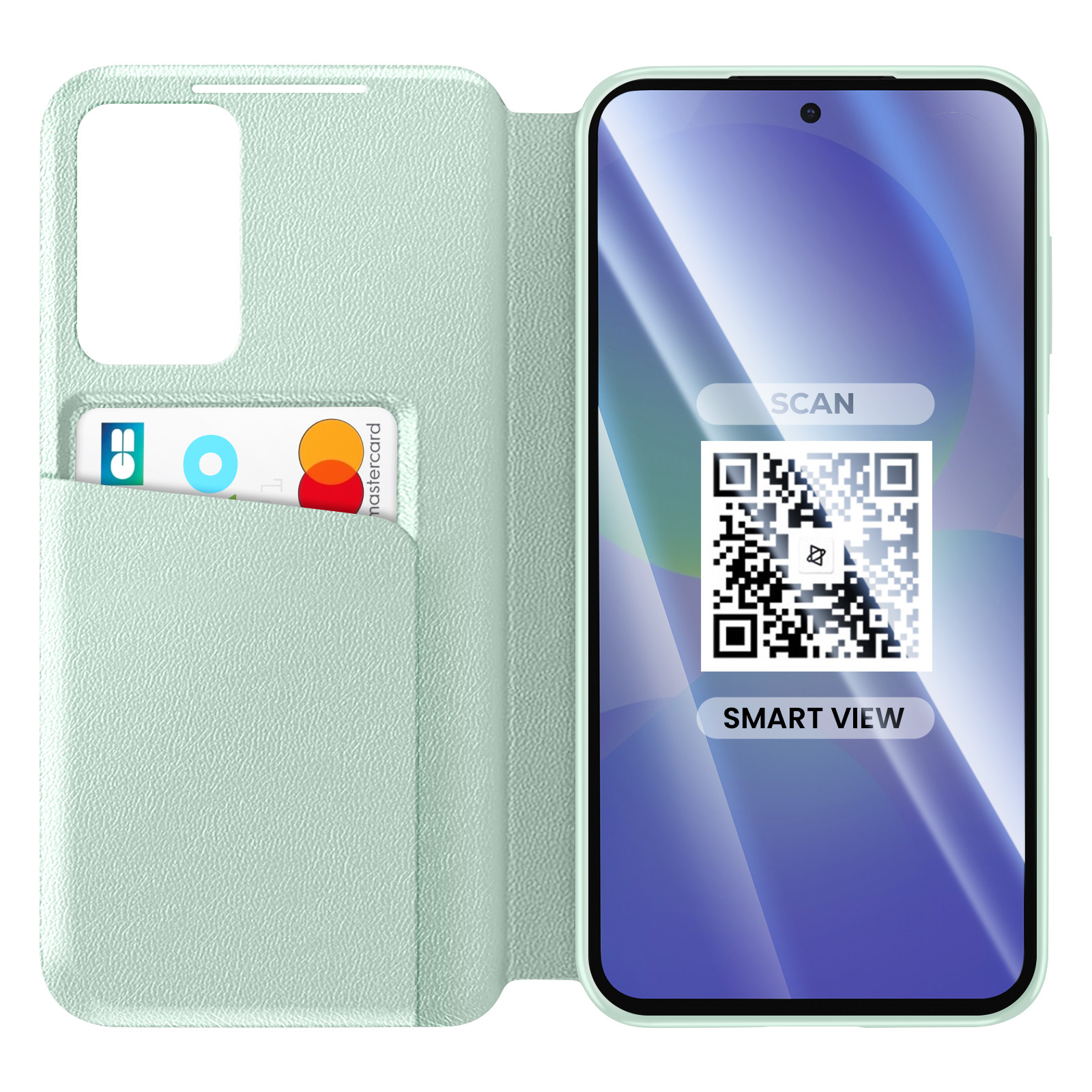 Una custodia per telefono verde chiaro con portatessere mostra uno smartphone con codice QR.