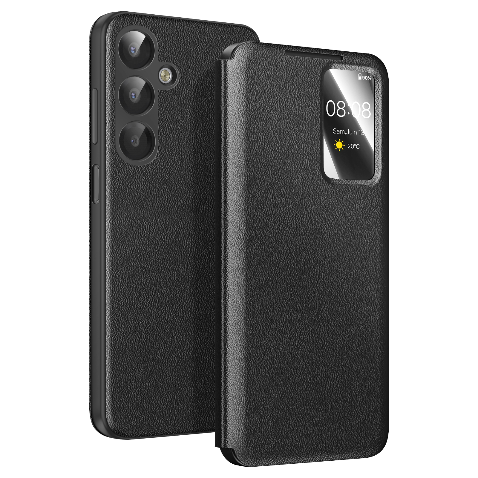 Telefono in pelle nera con tre fotocamere e custodia a flip che mostra ora e meteo.