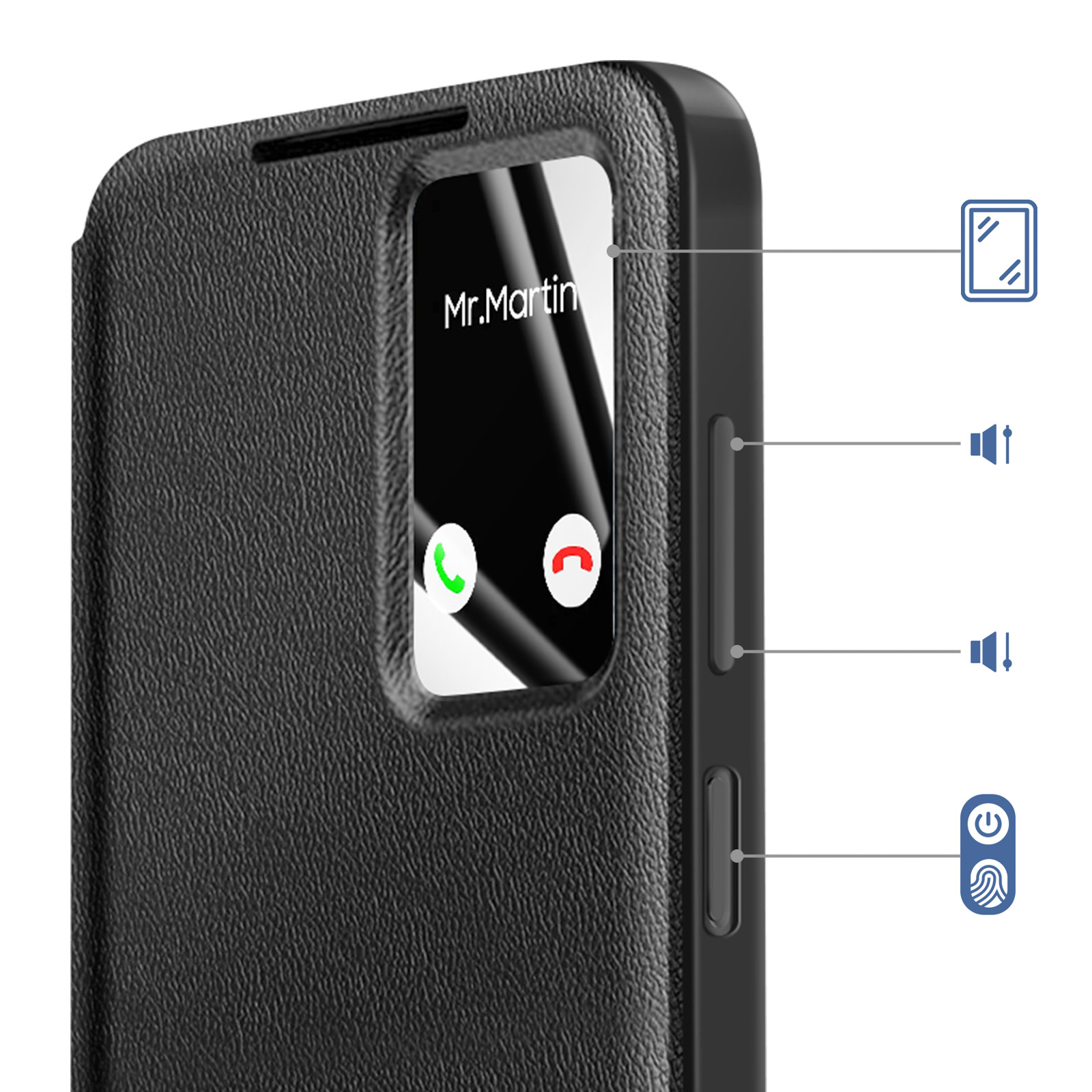 Custodia nera per telefono con finestra; chiamata in arrivo da Sig.Martin.