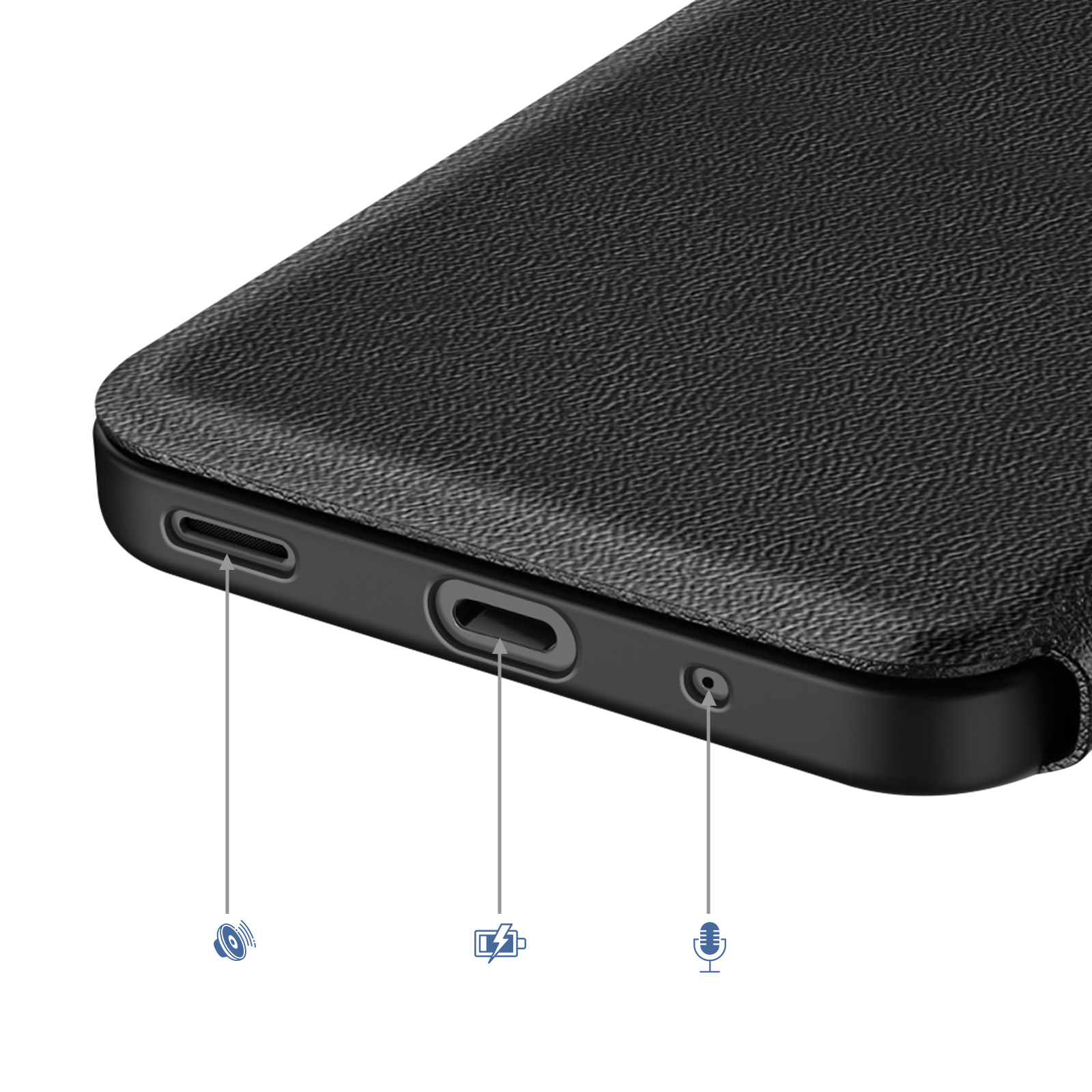 Primo piano della porta di ricarica di un telefono nero con icone di altoparlante, ricarica e microfono.