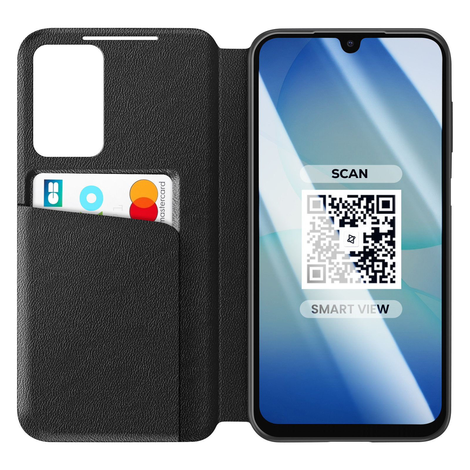 Custodia nera per telefono con slot per carte e MasterCard. Lo schermo mostra codice QR.