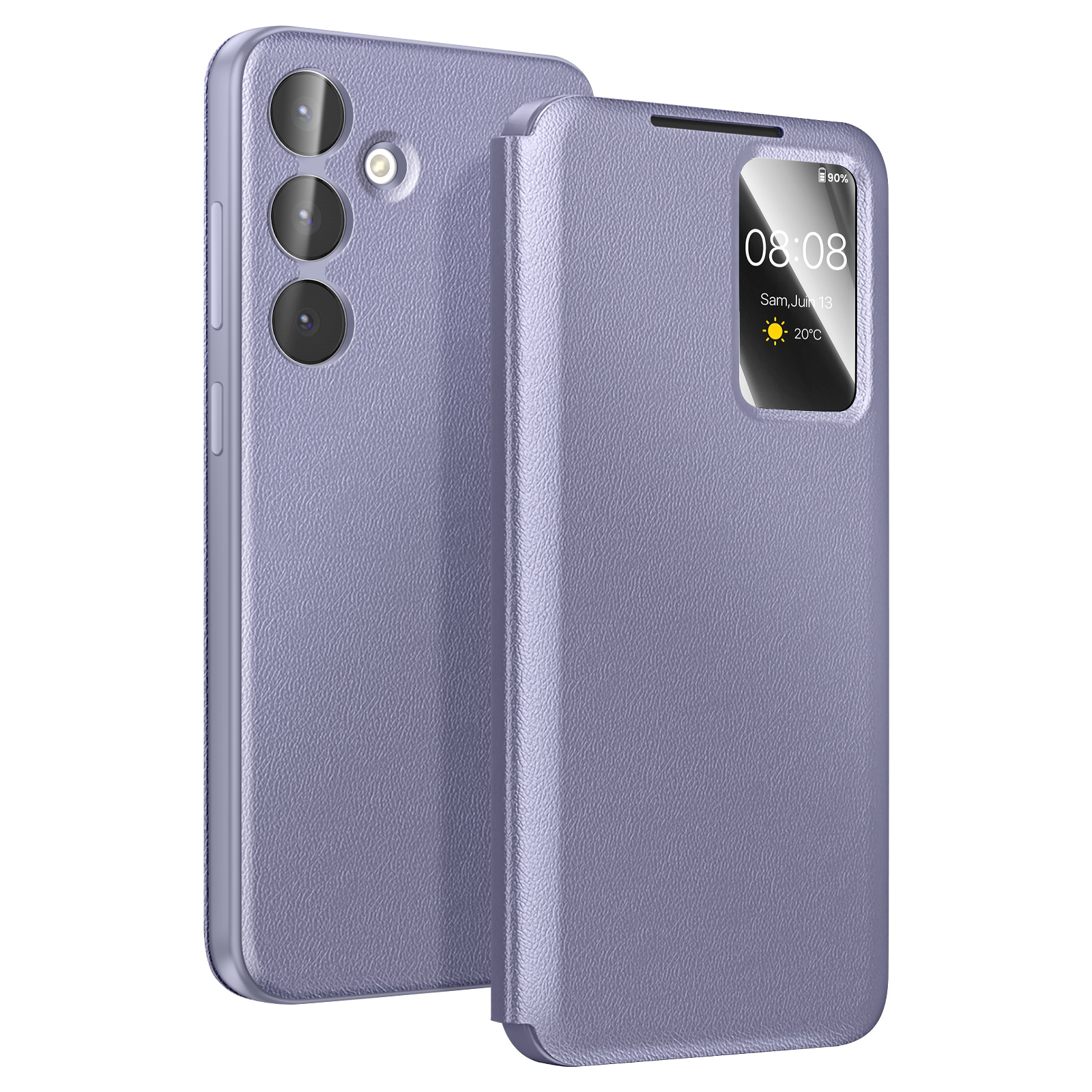 Uno smartphone viola con custodia protettiva che mostra ora e meteo.