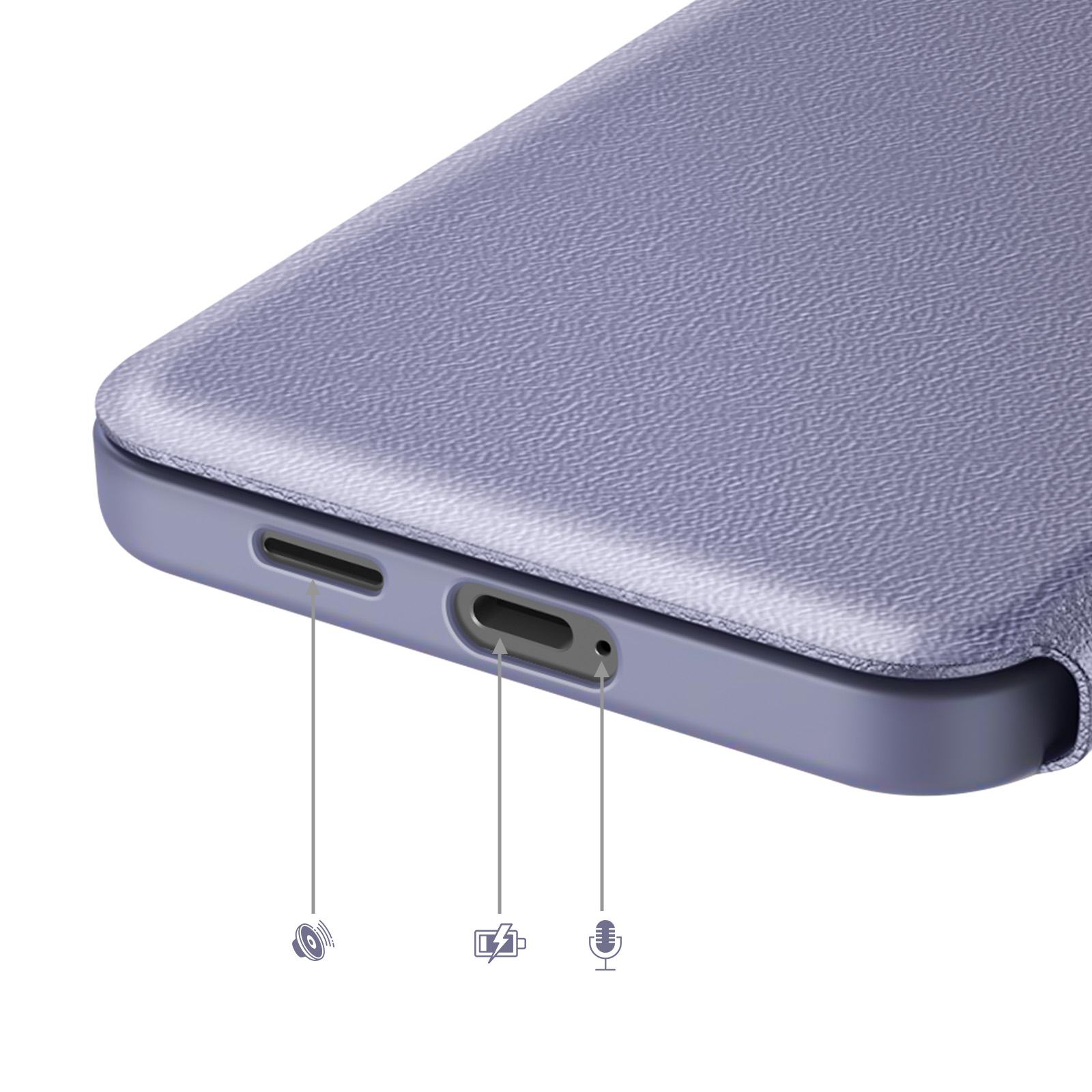 Primo piano del bordo inferiore di una custodia viola per telefono con porte e icone.