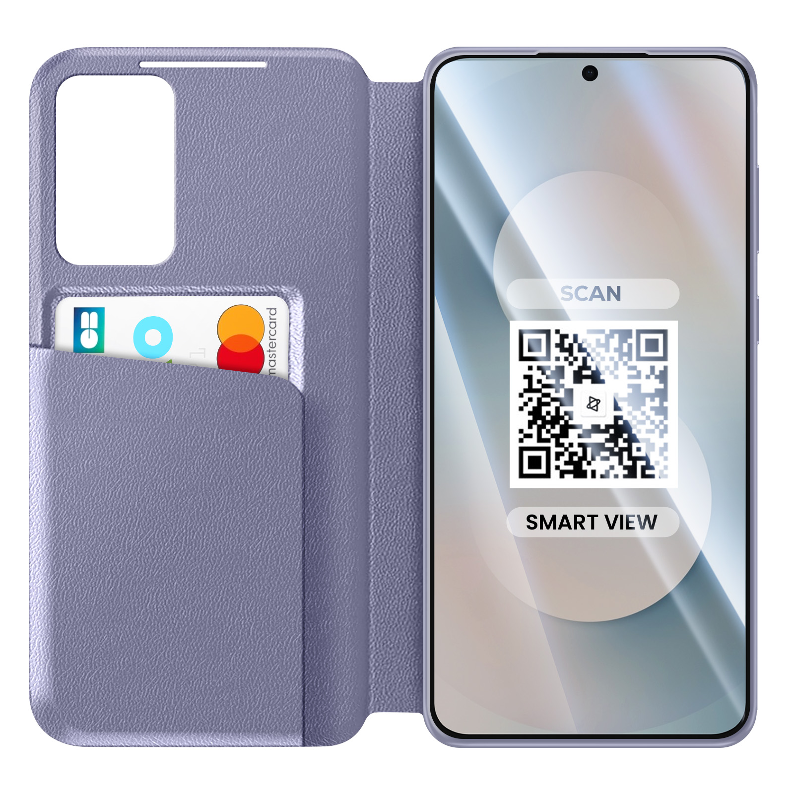 Custodia viola per telefono con porta carte e Mastercard. Smartphone visualizza QR code.