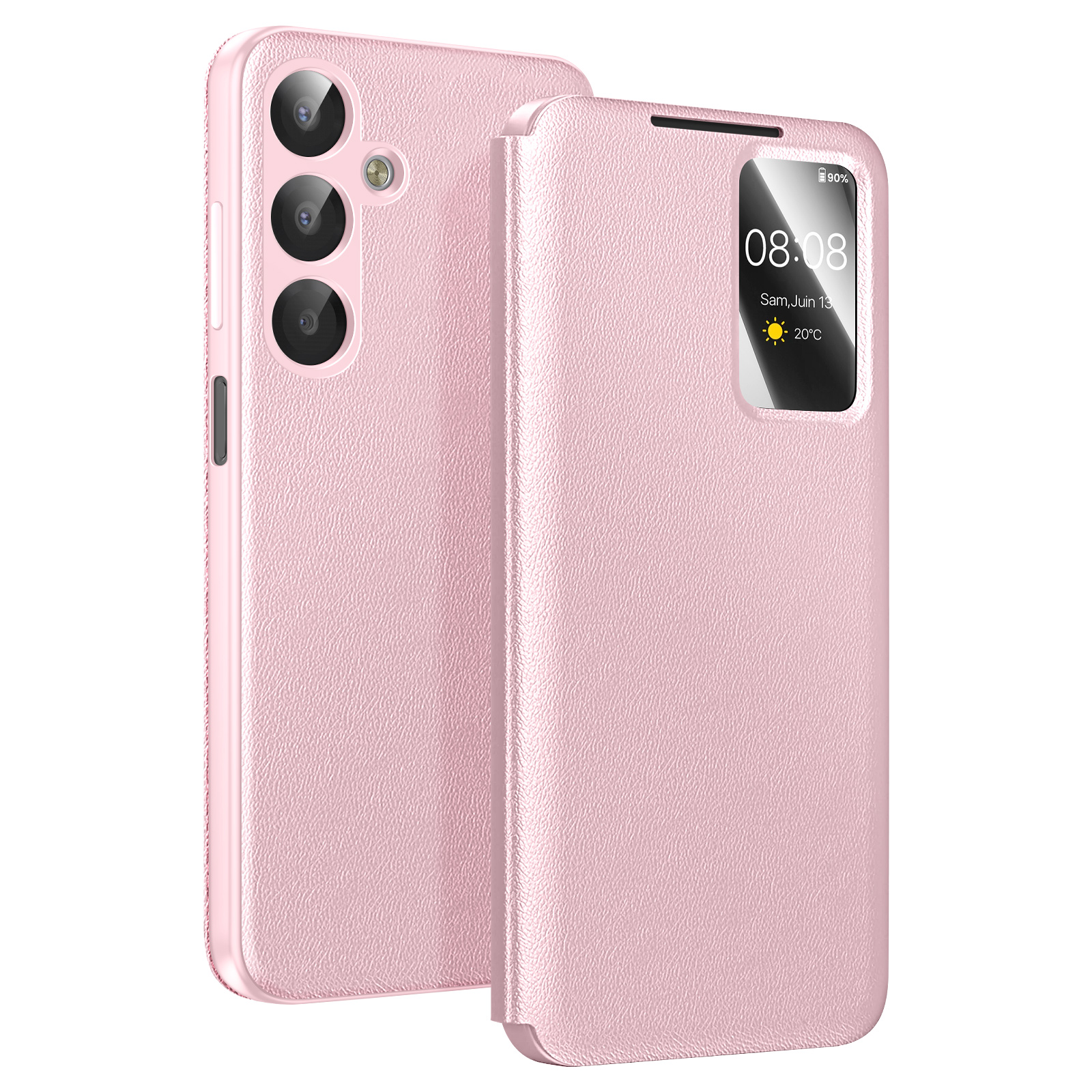 Una custodia rosa per telefono con tre fotocamere e una finestra.
