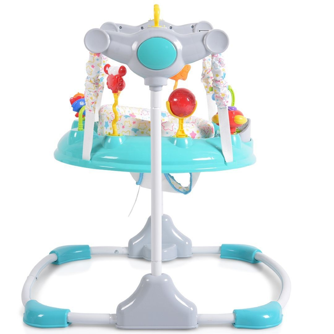Ein türkisfarbener Baby-Spielcenter mit Spielzeug und einer gepolsterten Sitzfläche.