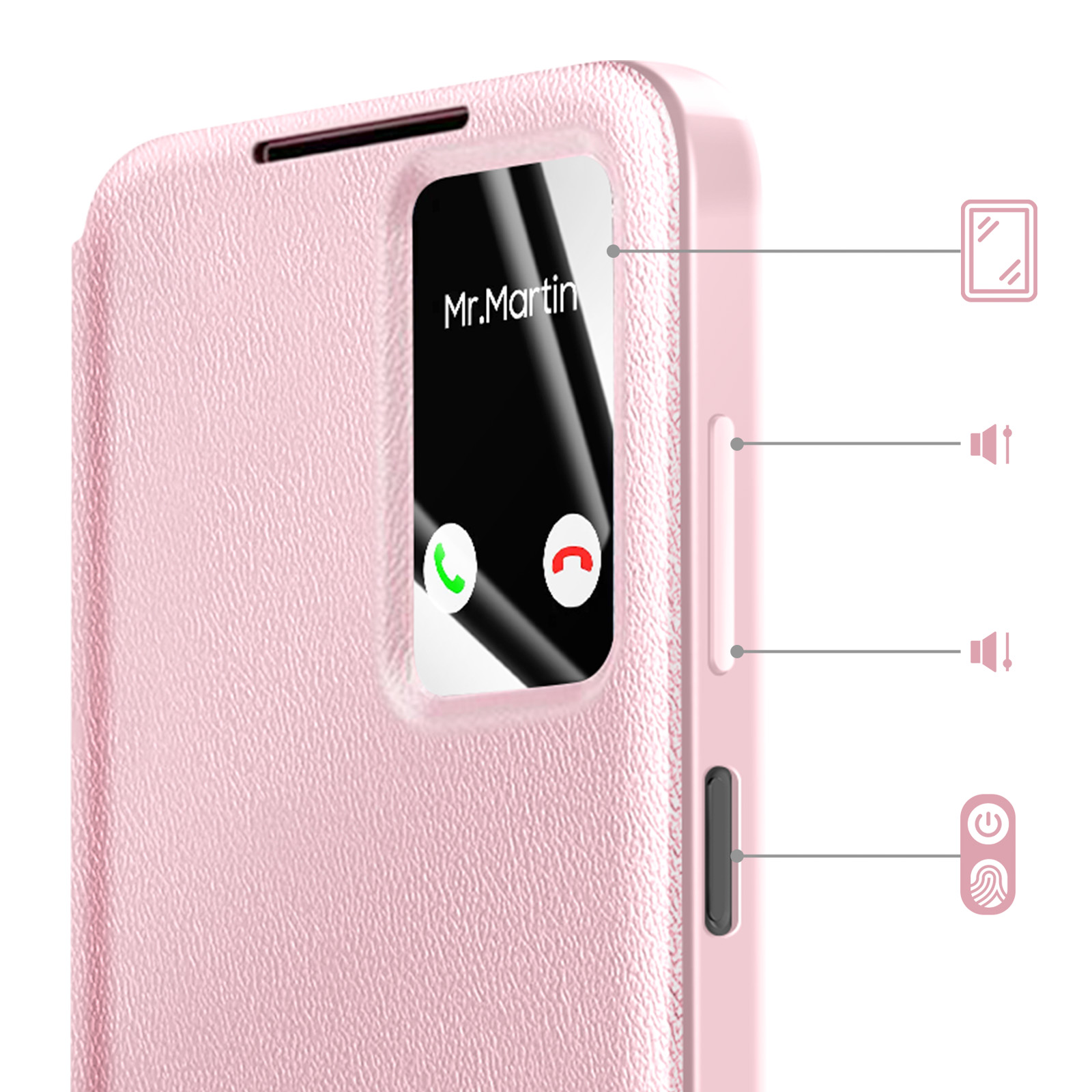 Una custodia rosa per telefono con finestra mostra una chiamata in arrivo da Mr. Martin.