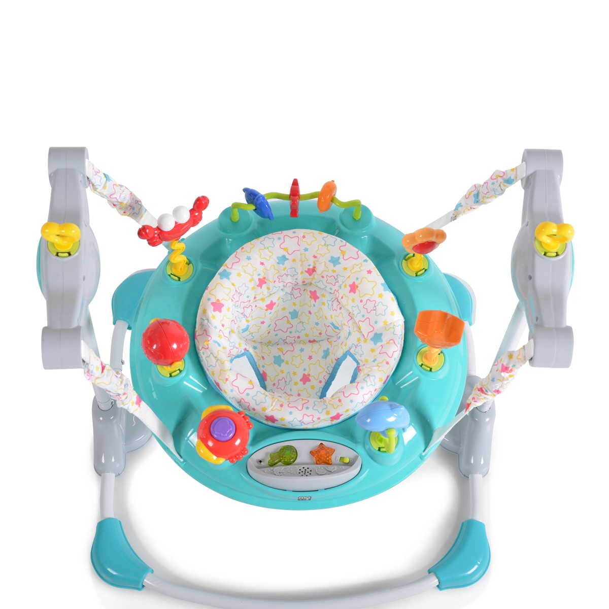 Ein türkisfarbener Baby-Spielbogen mit Sternenmuster-Sitz und bunten Spielzeugen.
