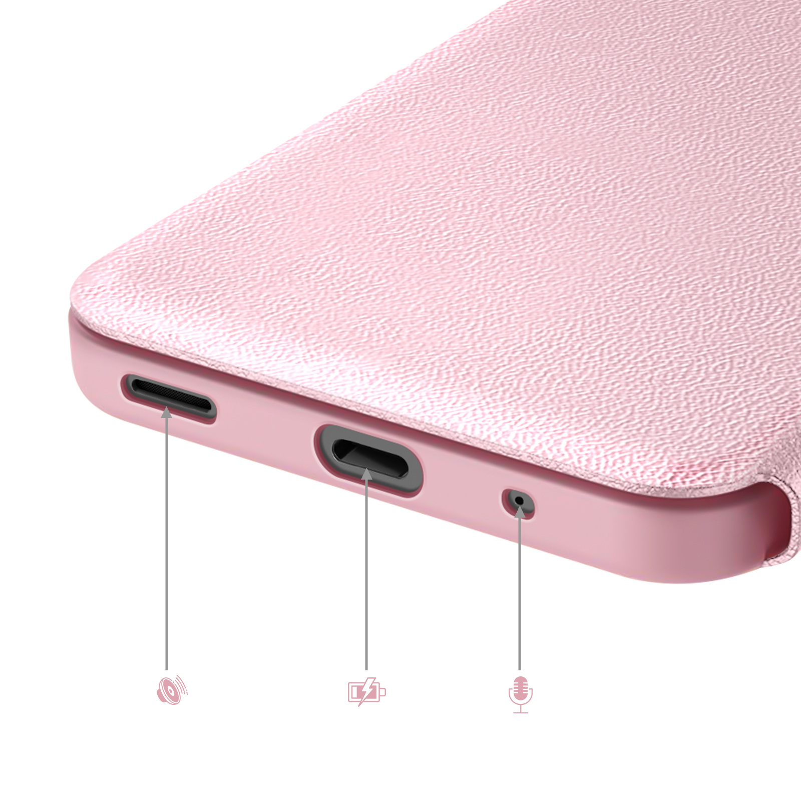 Primo piano di una cover rosa per telefono con porte e icone.