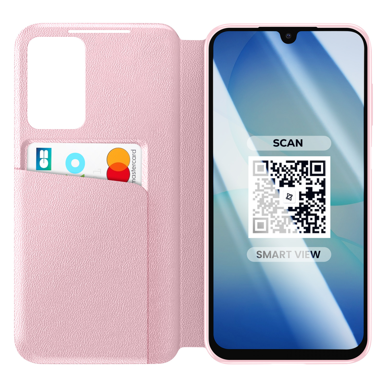 Una custodia rosa per telefono con slot per carte e codice QR sullo schermo.