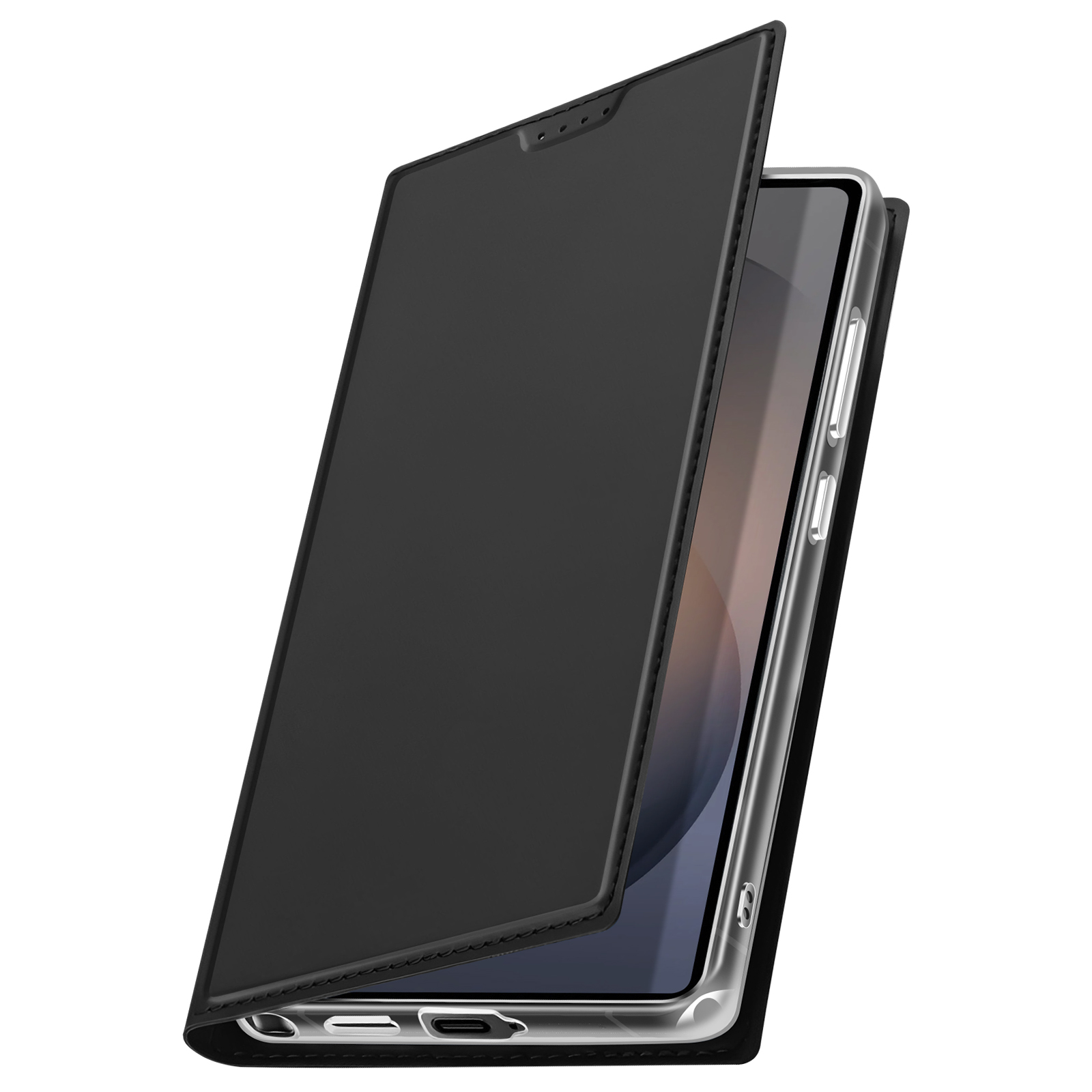 Funda de teléfono negra estilo libro con tapa abierta, mostrando pantalla y botones laterales.