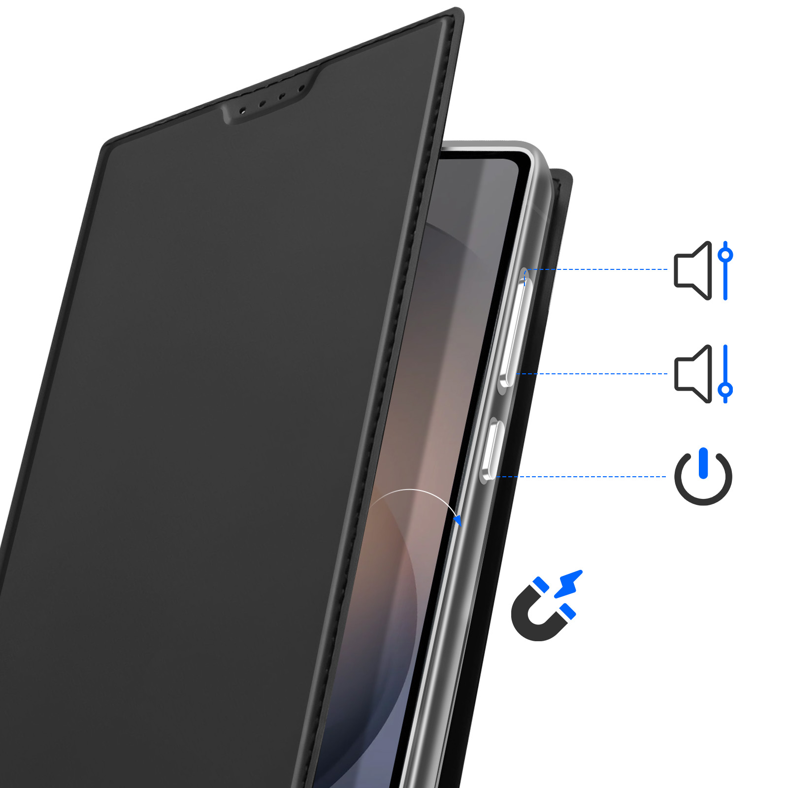 Funda negra para teléfono con iconos de volumen, encendido y símbolo magnético.