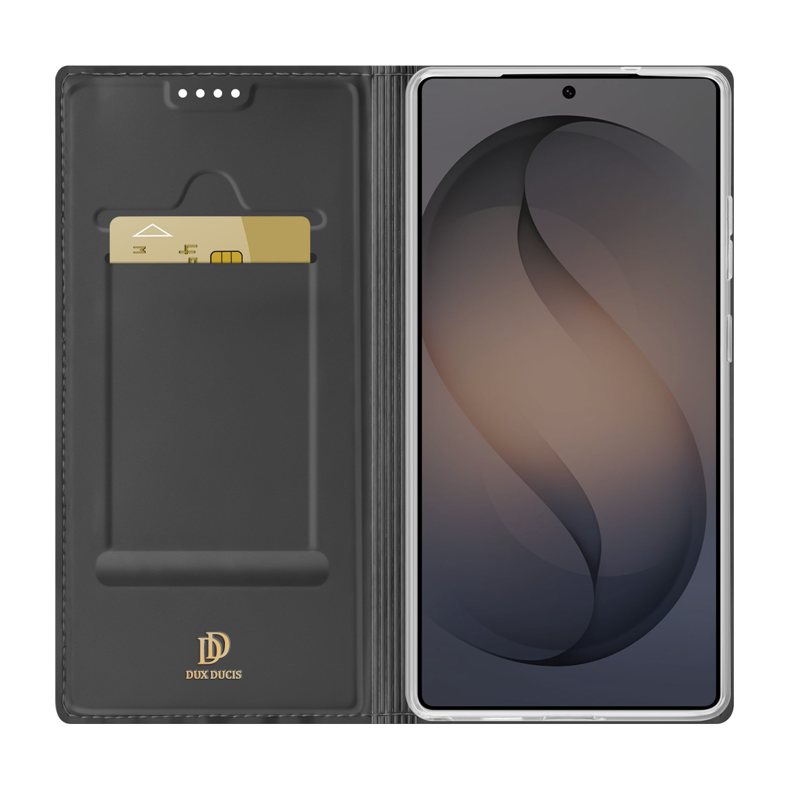 Una funda de teléfono negra con una tarjeta y un smartphone.