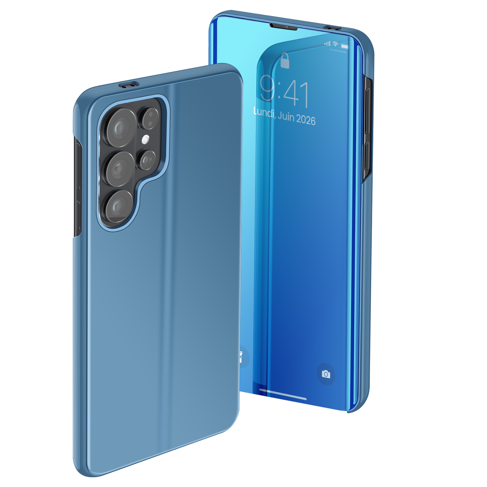 Un téléphone bleu avec module caméra et étui bleu miroir.