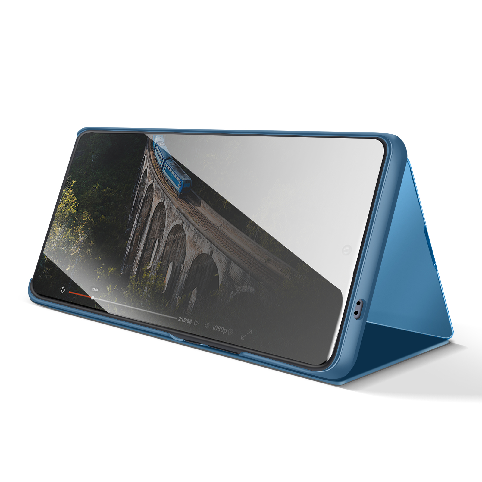 Support de téléphone bleu montre un train sur un pont de pierre entouré d'arbres.