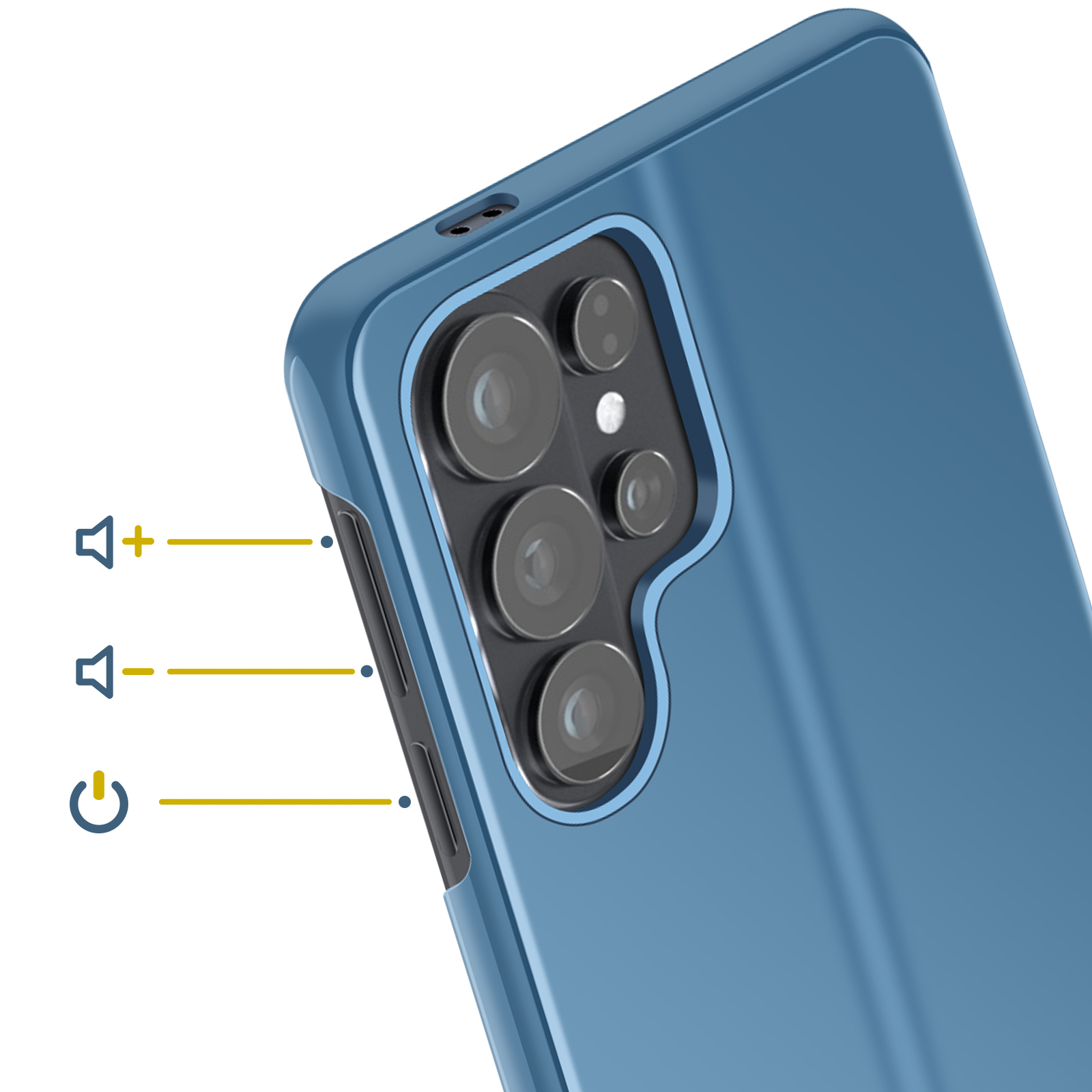 Coque de téléphone bleue avec appareil photo, icônes volume et marche/arrêt.
