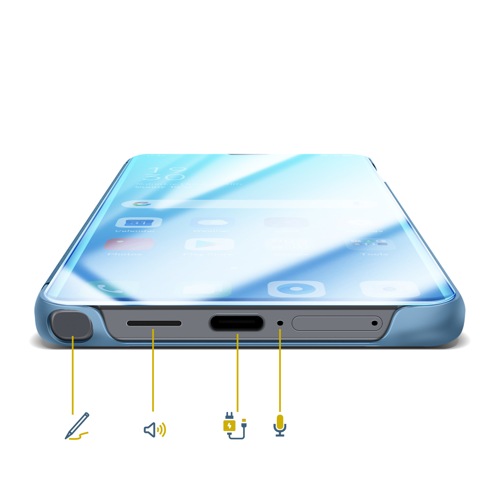 Un smartphone avec un étui bleu, vu du bas montrant les ports.