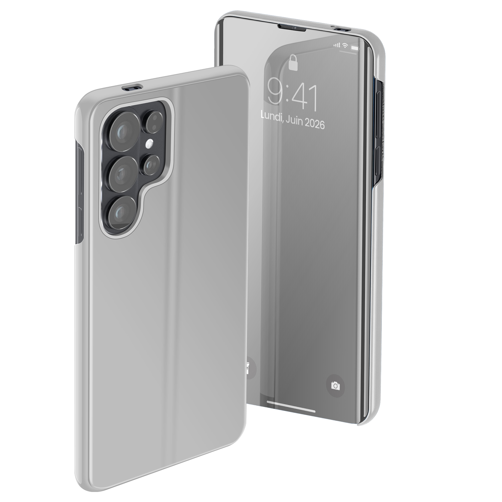 Un telefono grigio con una custodia che mostra le fotocamere.