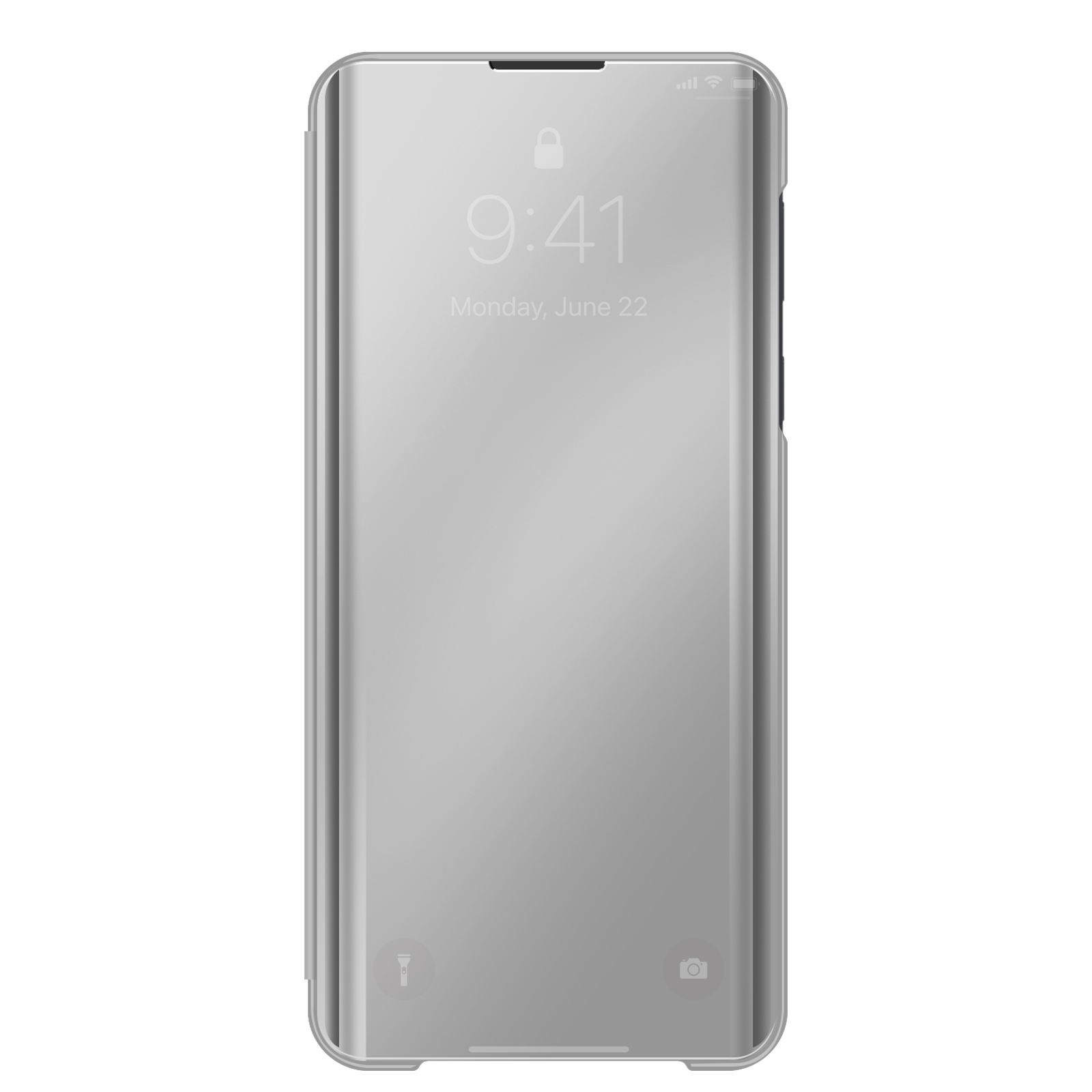 Una flip cover argentata a specchio per telefono con schermo bloccato.