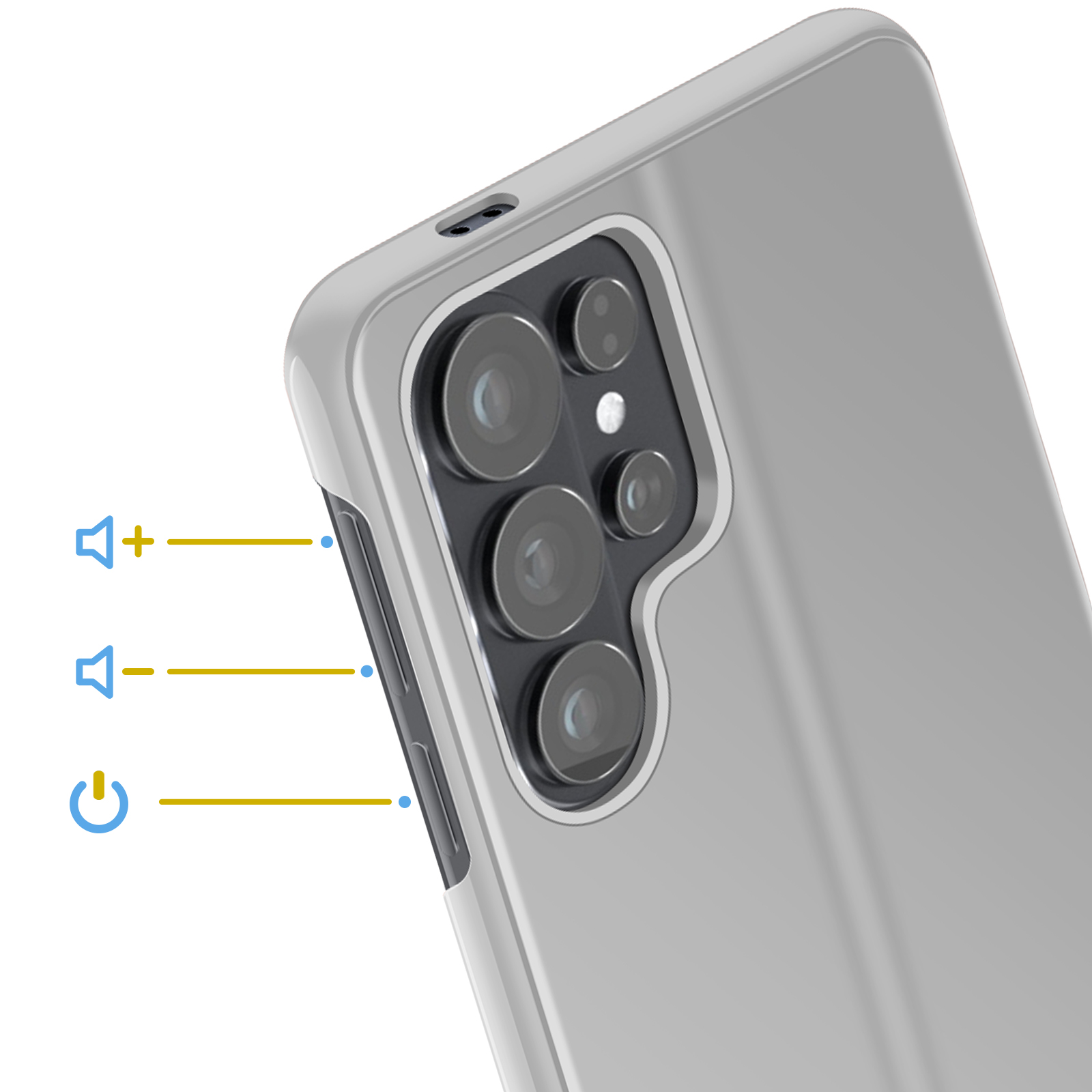 Smartphone grigio con fotocamera quadrupla, tasti volume e accensione.
