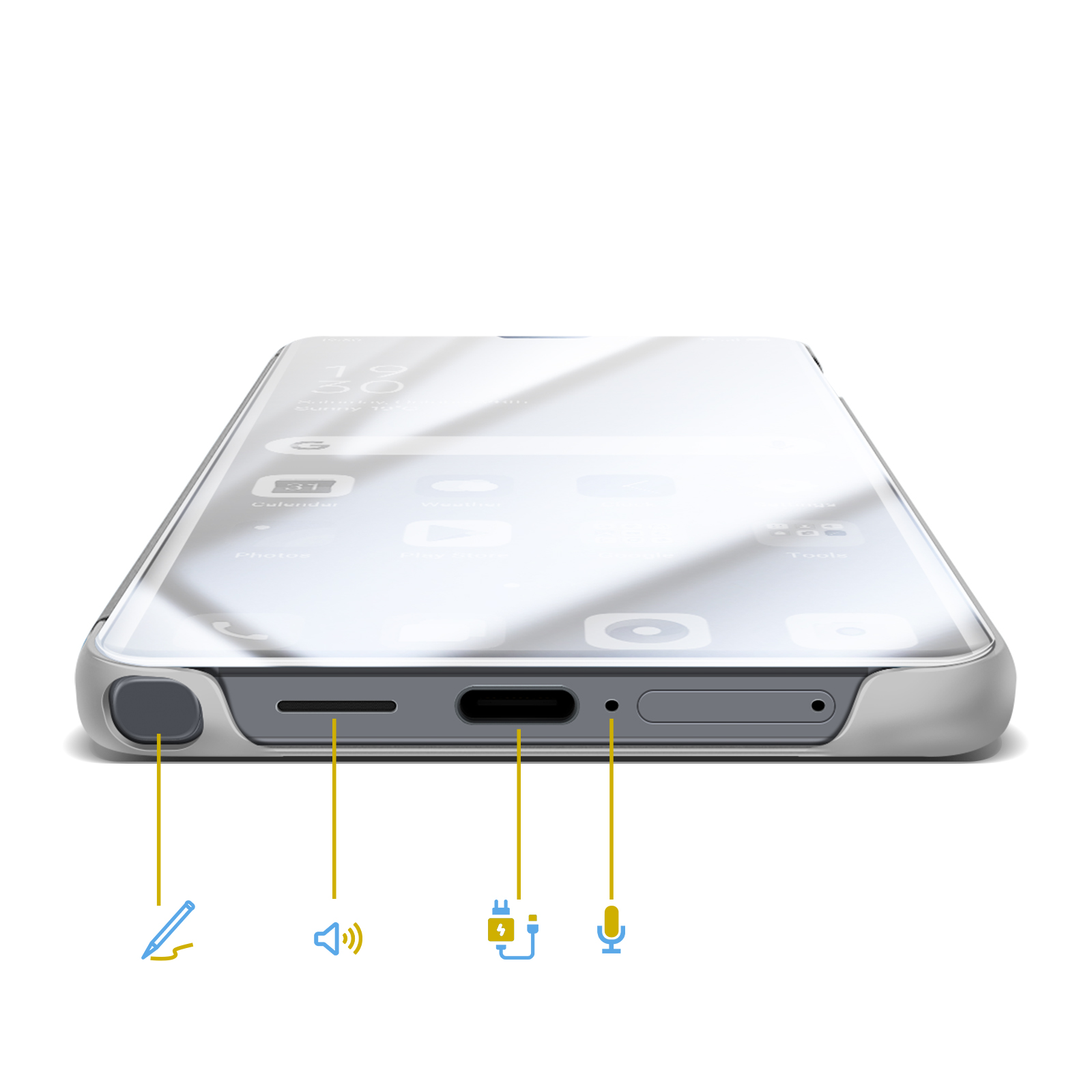 Primo piano del fondo di uno smartphone, che mostra porte e icone per stilo, volume, ricarica e microfono.