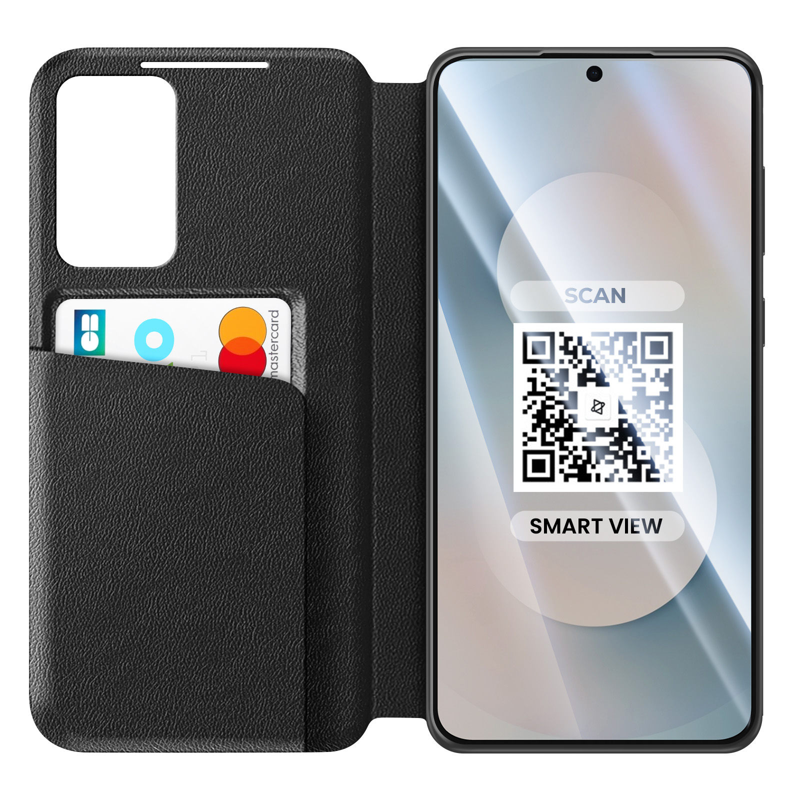 Custodia nera per telefono con slot per carte e telefono che mostra codice QR sullo schermo.