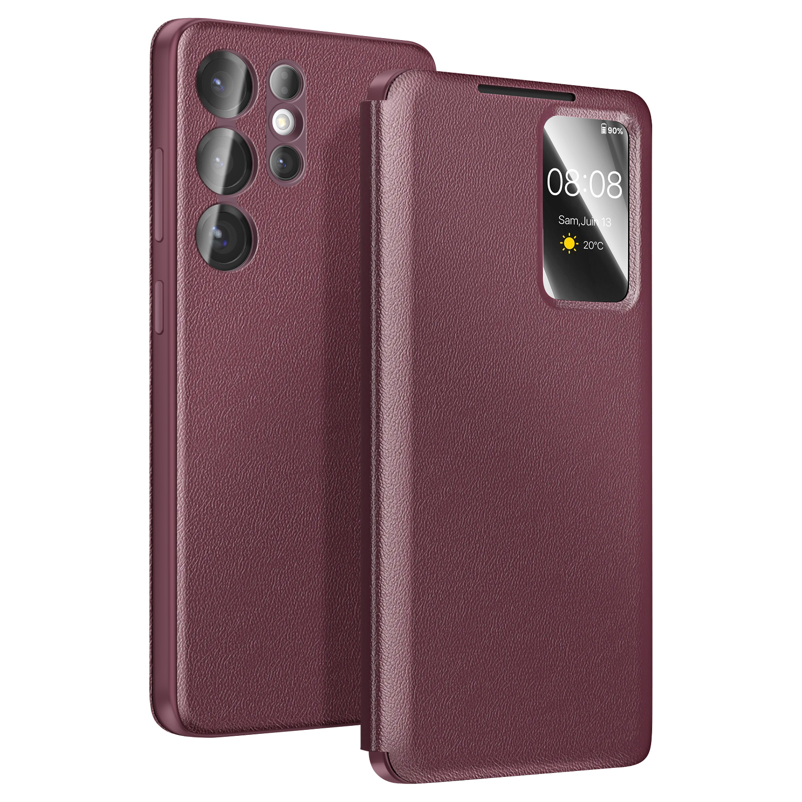 Uno smartphone color vinaccia con cover a libro che mostra ora e data.