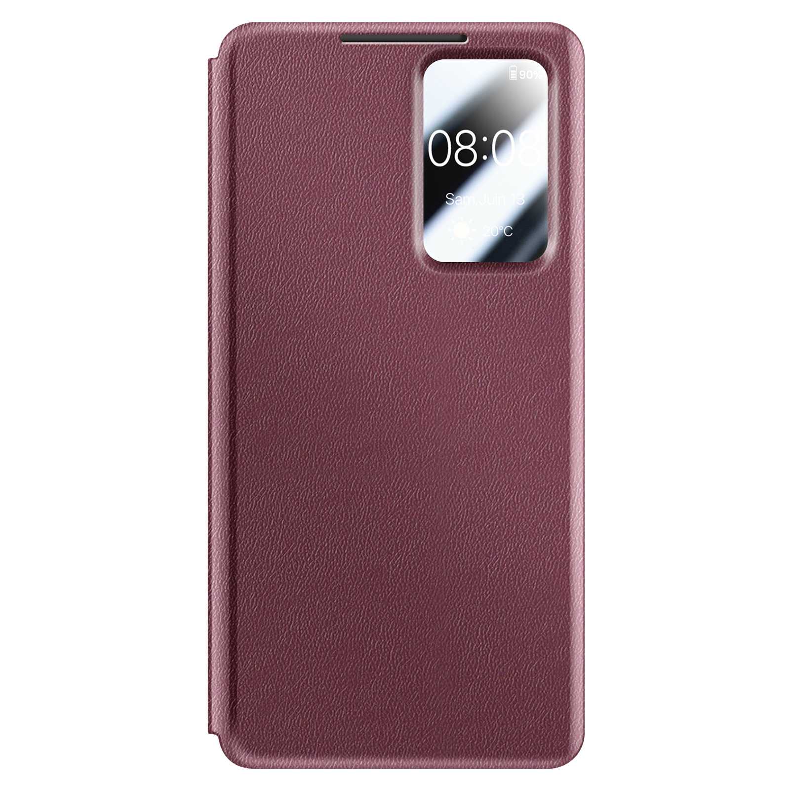 Custodia per telefono color borgogna con finestra che mostra le 08:08.