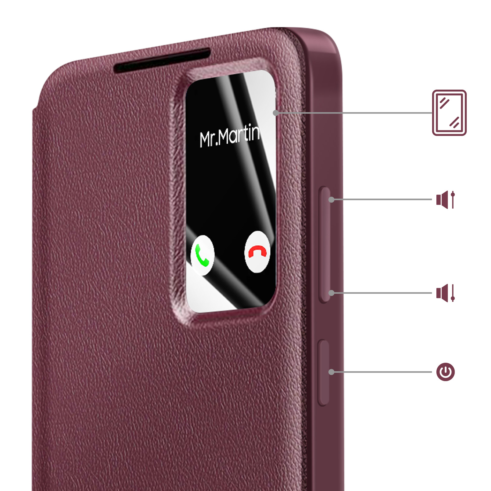 Una custodia per telefono rosso scuro mostra una schermata di chiamata con icone.