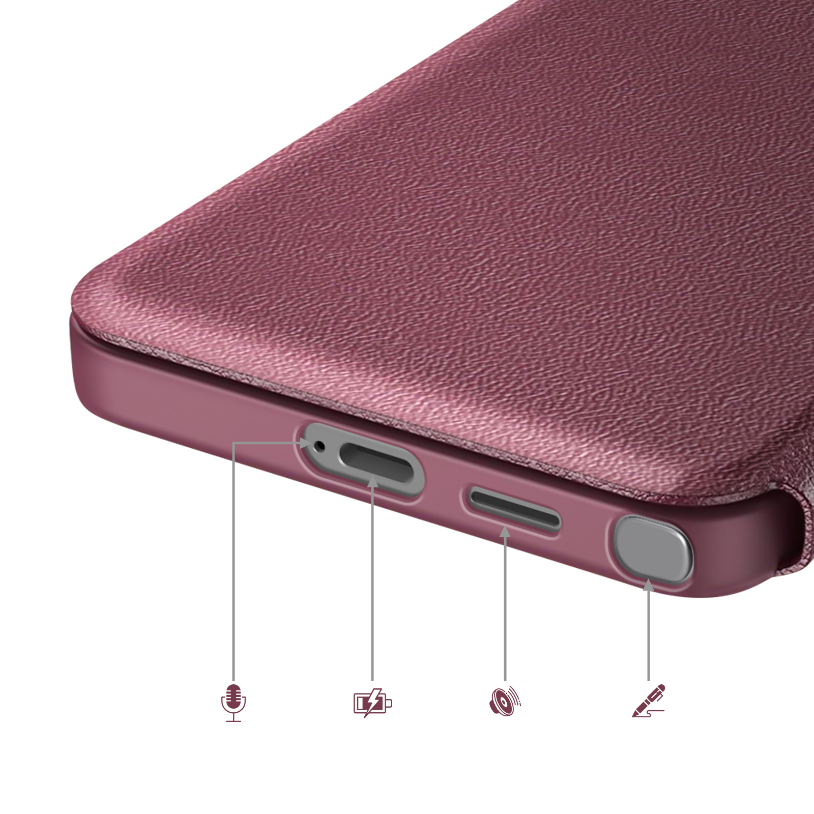 Primo piano di una custodia per telefono color rosa che evidenzia porte e icone.