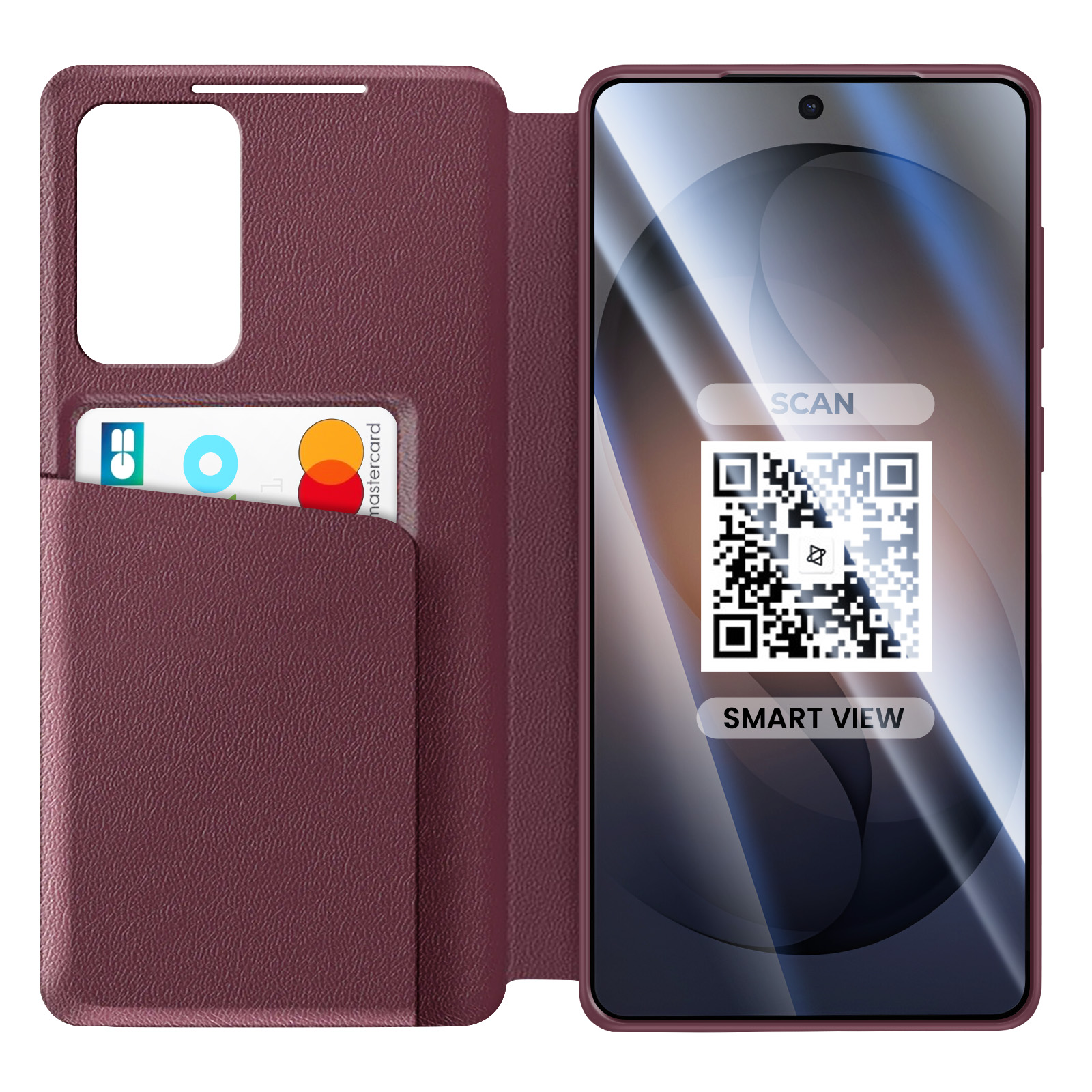 Custodia a libro per telefono rosso scuro con fessura per carte e smartphone con QR code.
