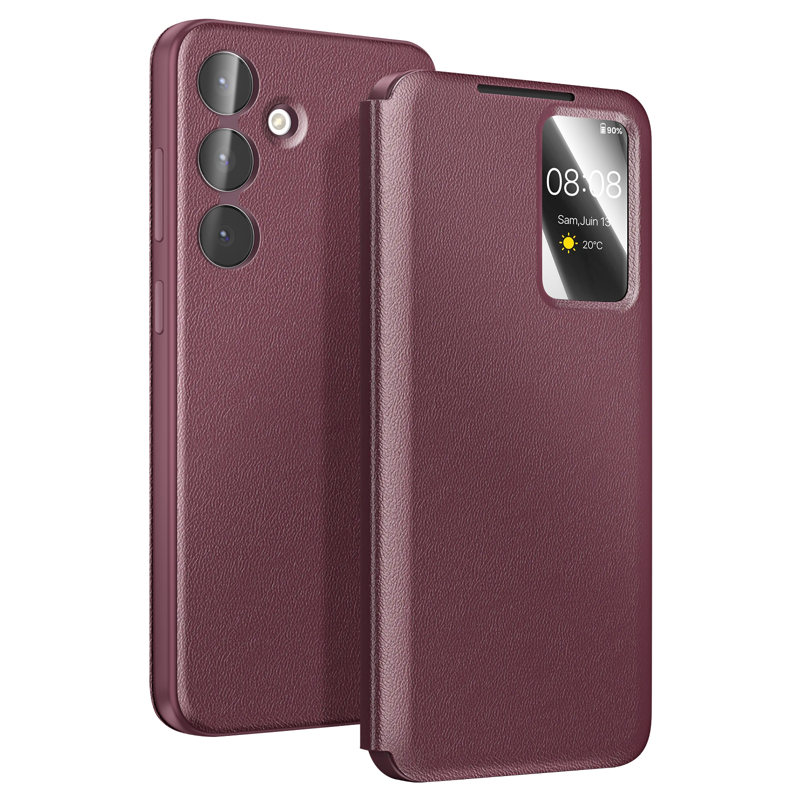 Un telefono bordeaux con cover che mostra ora e meteo.