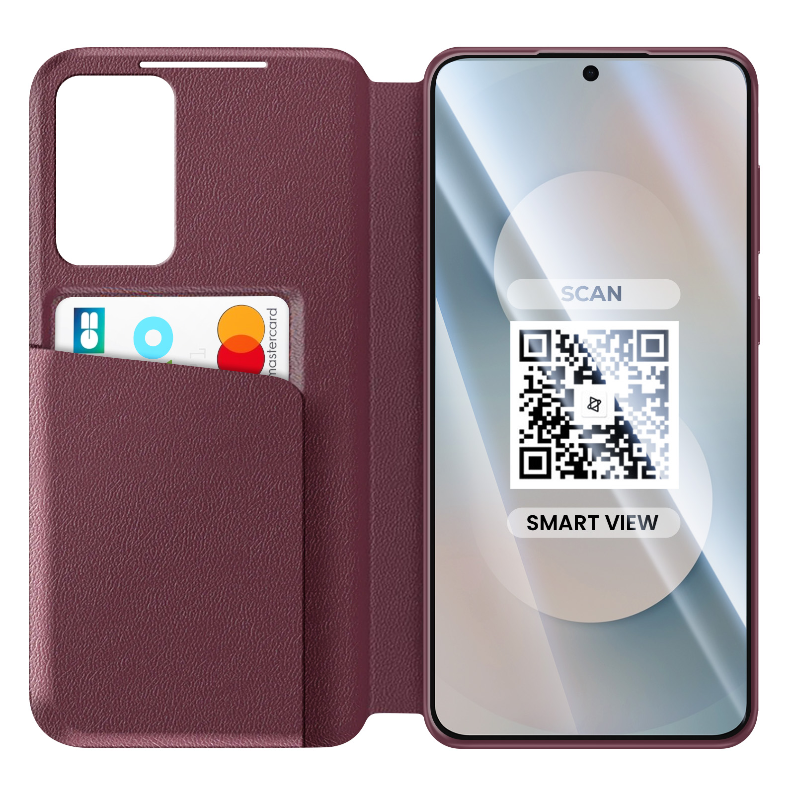 Un telefono rosso con custodia a portafoglio contenente una Mastercard.