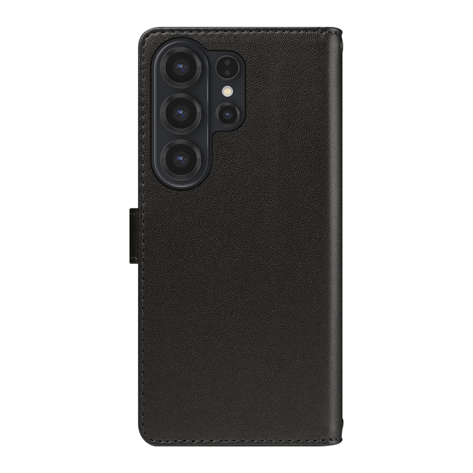 Custodia a libro in pelle nera per smartphone con obiettivi della fotocamera visibili.