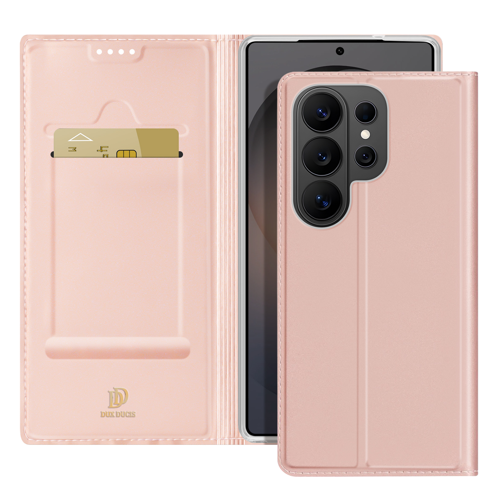 Una custodia rosa a flip per telefono con slot per carte e telefono. Una carta è inserita.