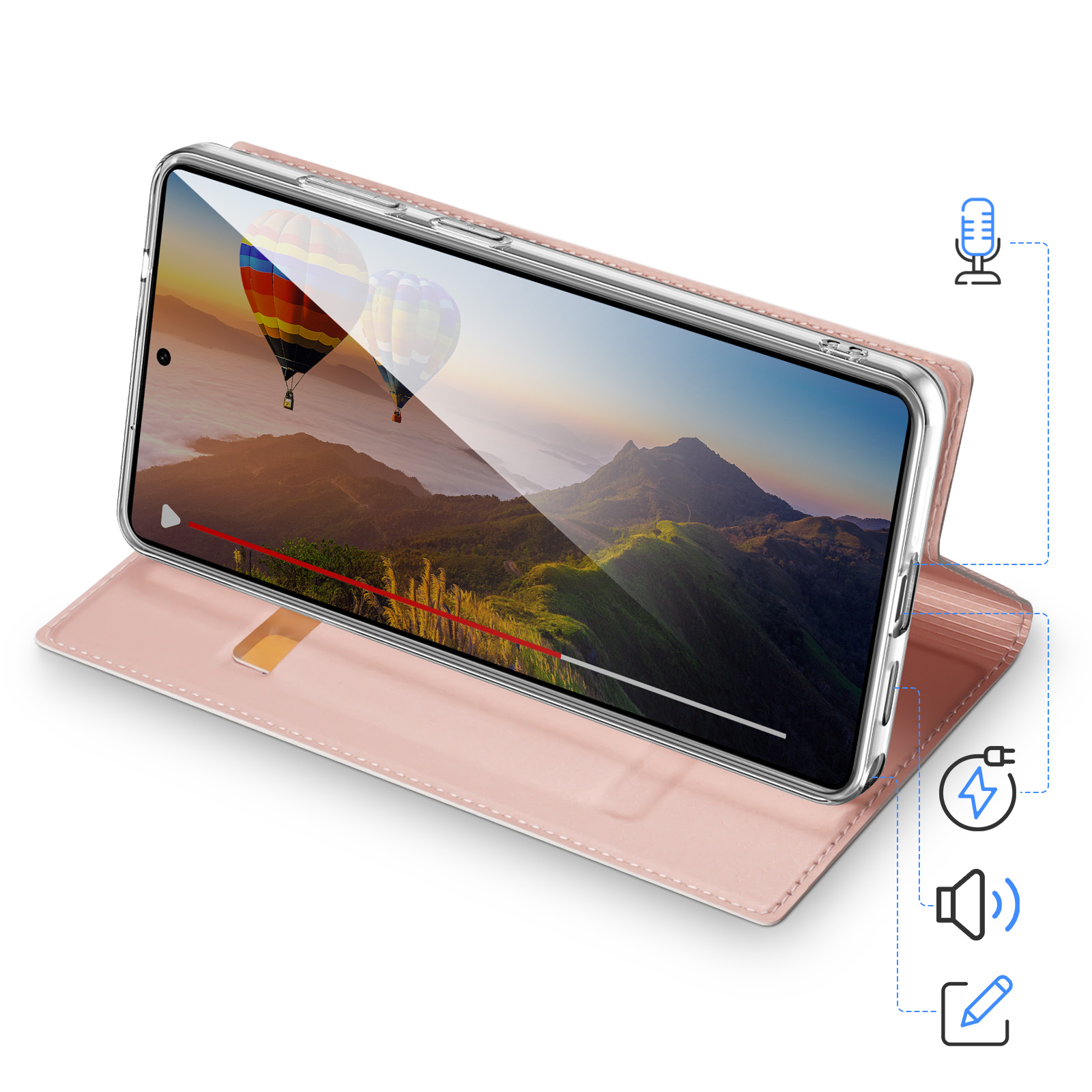 Uno smartphone in custodia rosa mostra un videoregistratore con mongolfiere.