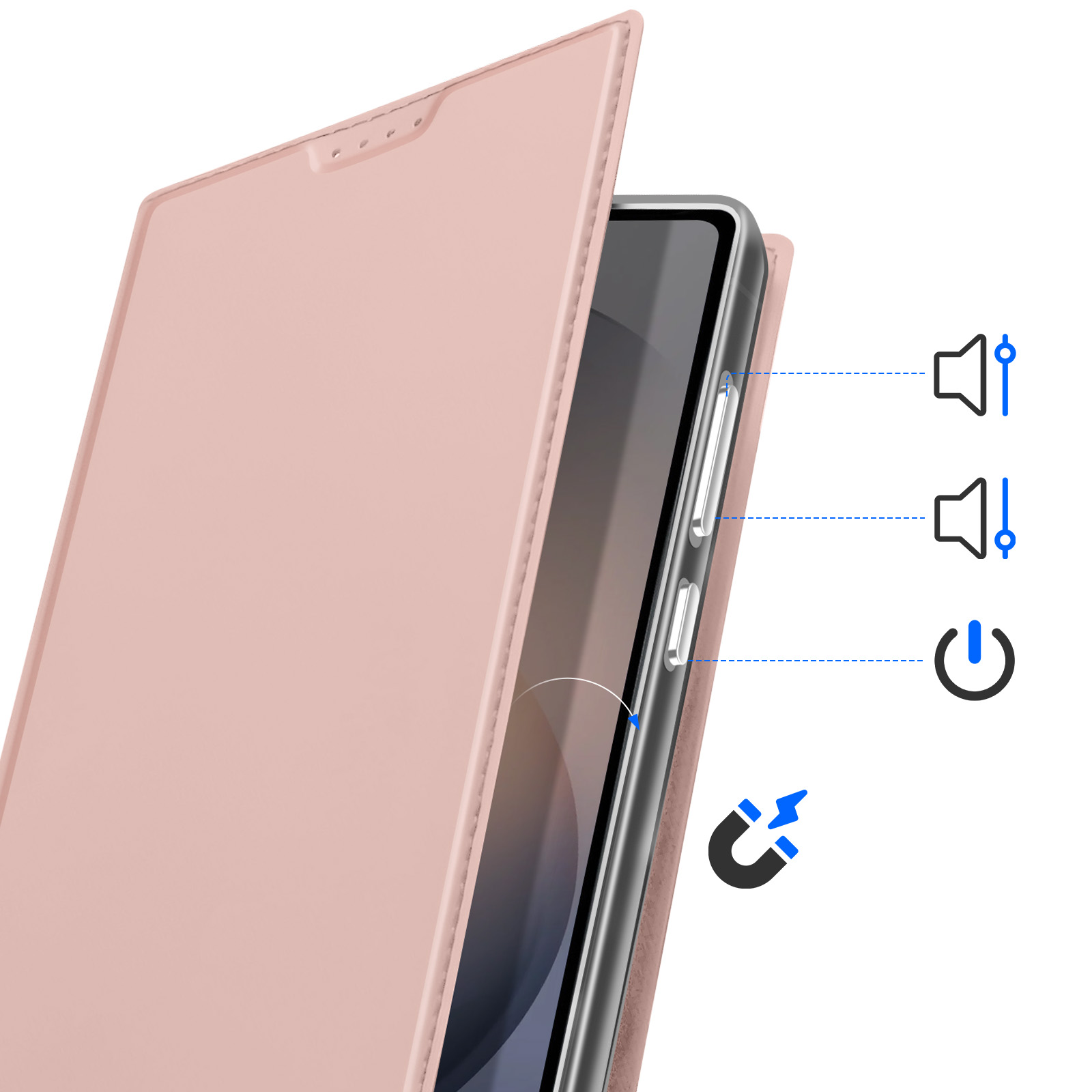 Una custodia rosa per telefono con icone per volume, muto, accensione e magnete.