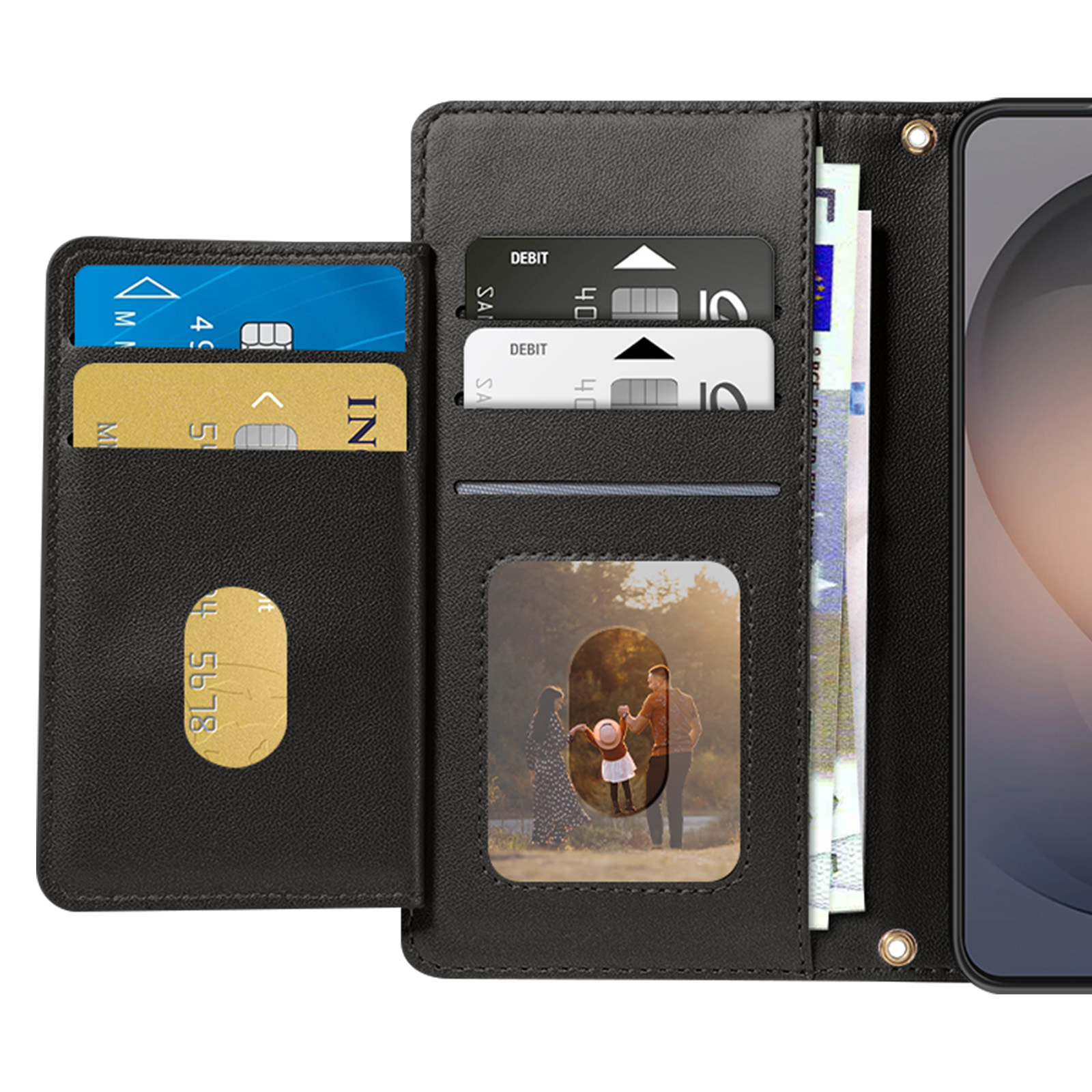 Portafoglio nero con carte, banconote e foto di famiglia all'interno.