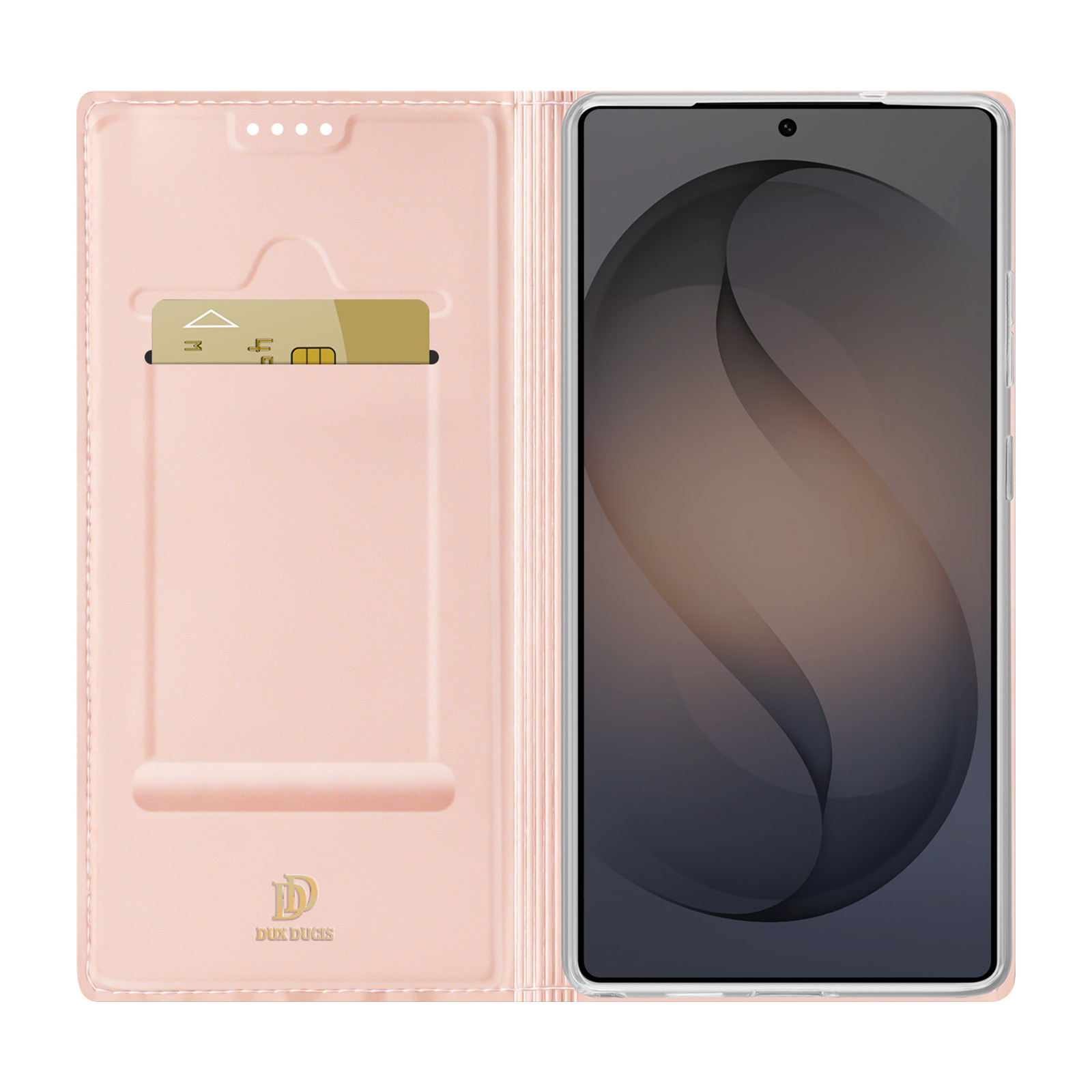 Una custodia per telefono rosa con uno slot per carte e uno smartphone.