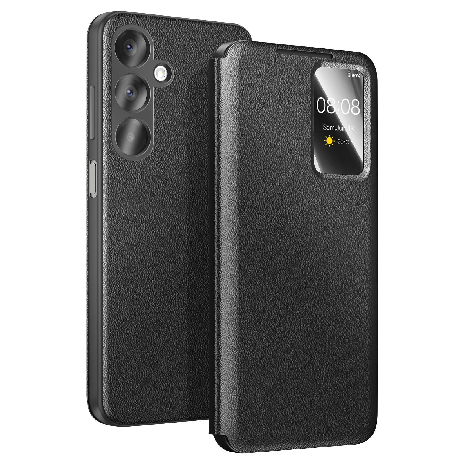 Uno smartphone nero con cover a libro dotata di finestra.