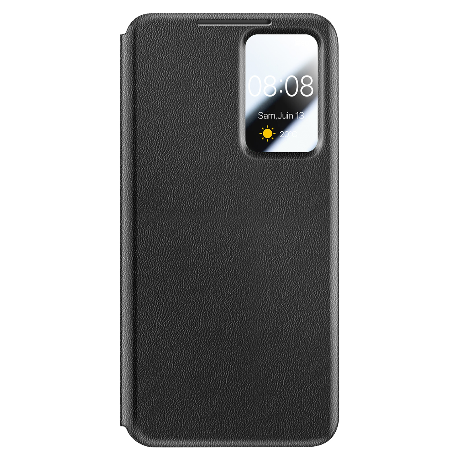 Custodia a libro in pelle nera per smartphone con finestra per lo schermo.